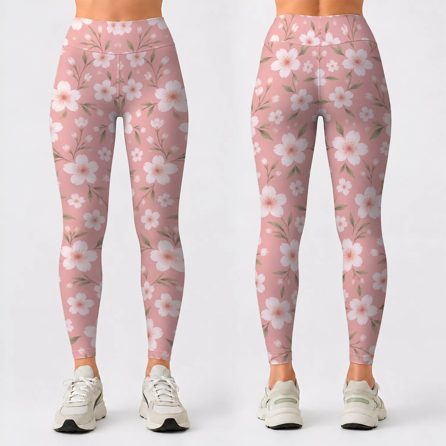 Blush Pink White Blossoms for Yoga, Gym, and Everyday Activewear Leggings - 1