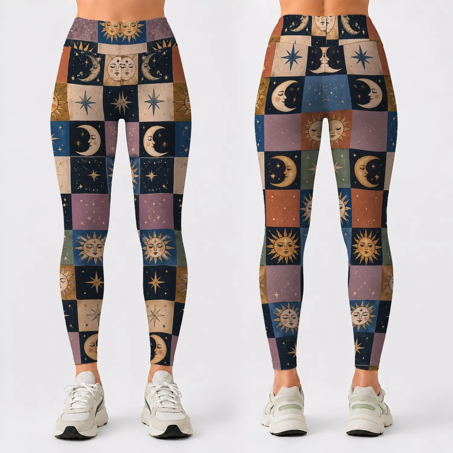 Celestial Sun And Moon Checks For Yoga, Running And Everyday Women's Activewear Style Leggings - 1
