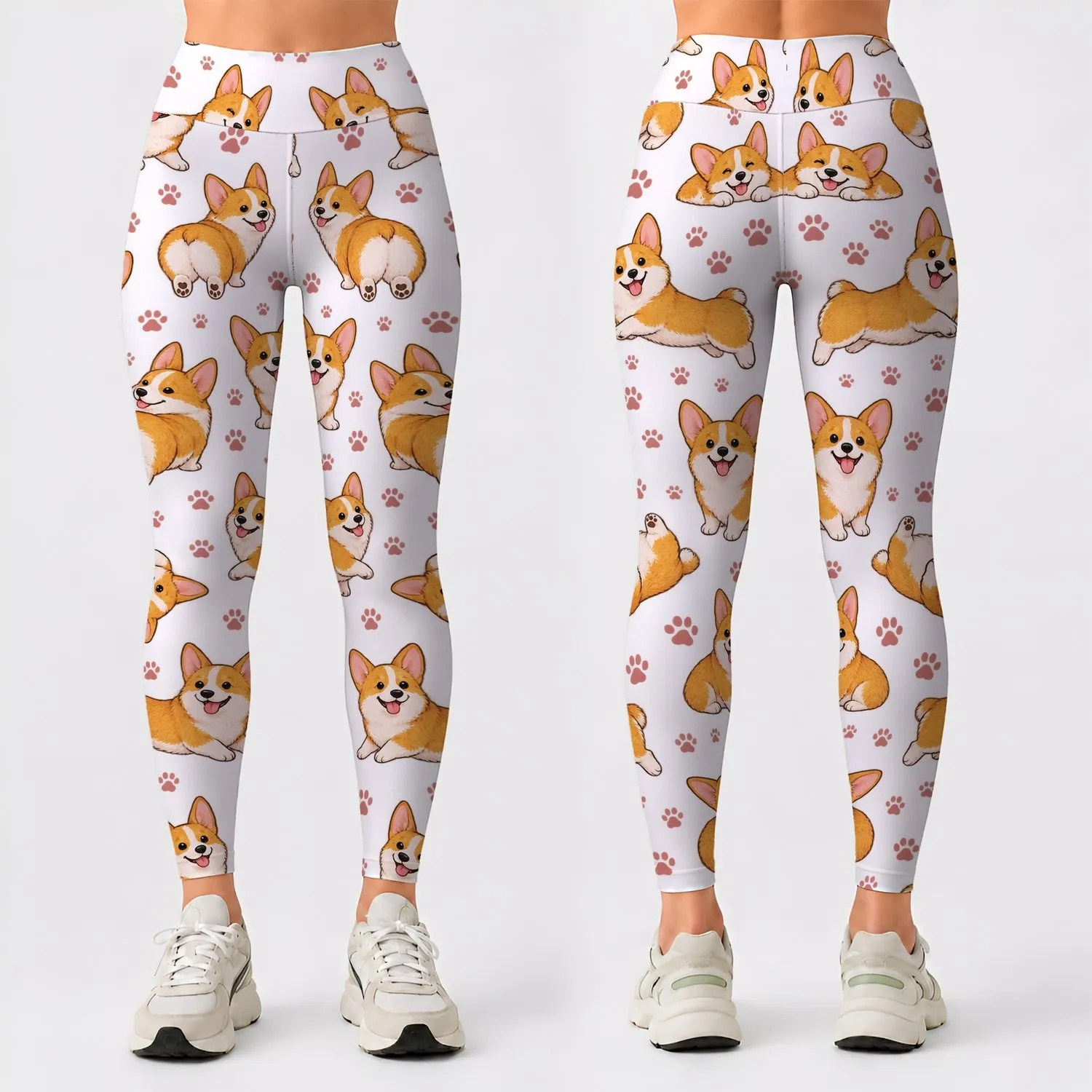 Playful Orange Corgis And Paw Prints For Cozy Everyday Activewear Leggings - 1