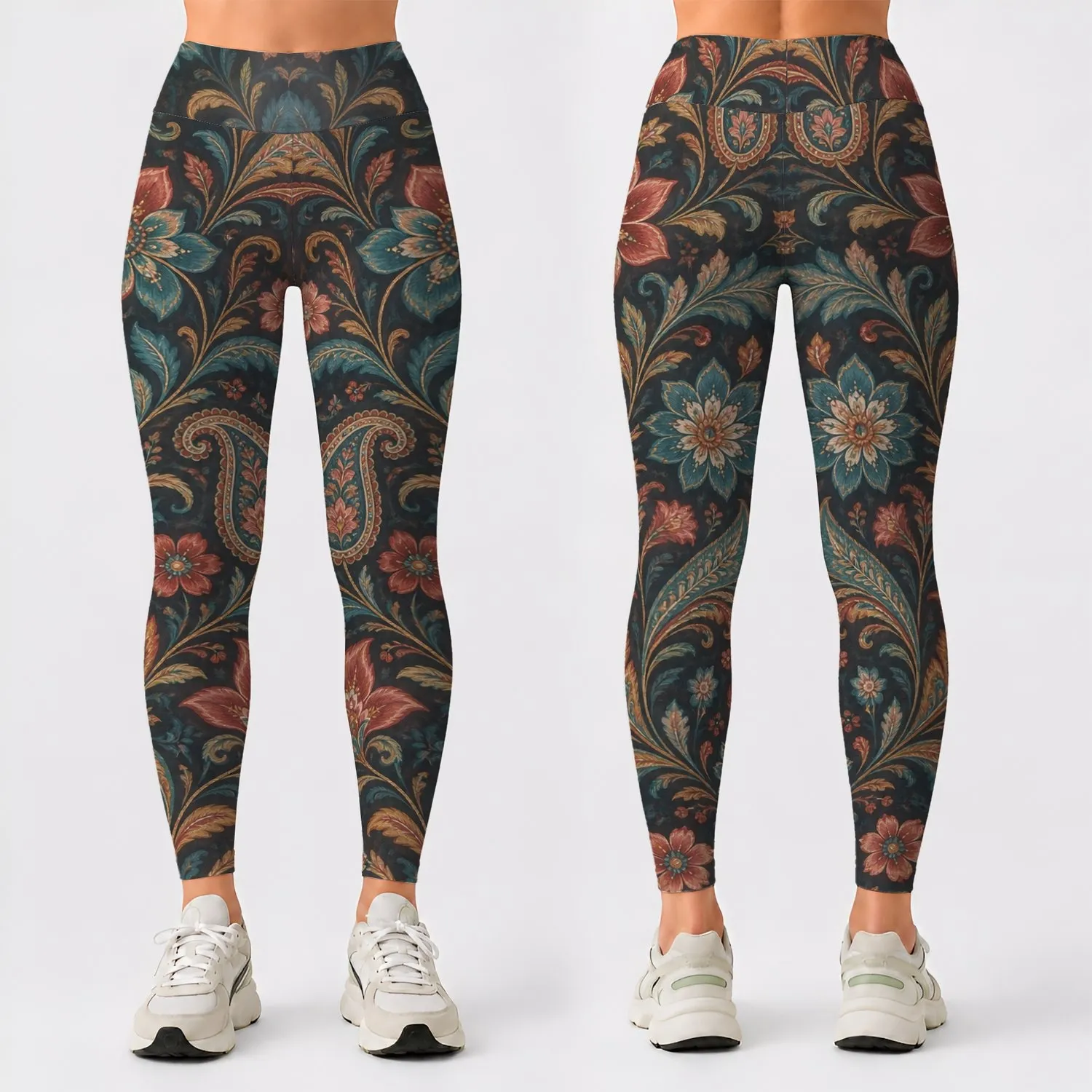 Teal Coral Paisley Floral Motifs for Yoga, Pilates, Travel and Everyday Activewear Style Leggings - 1