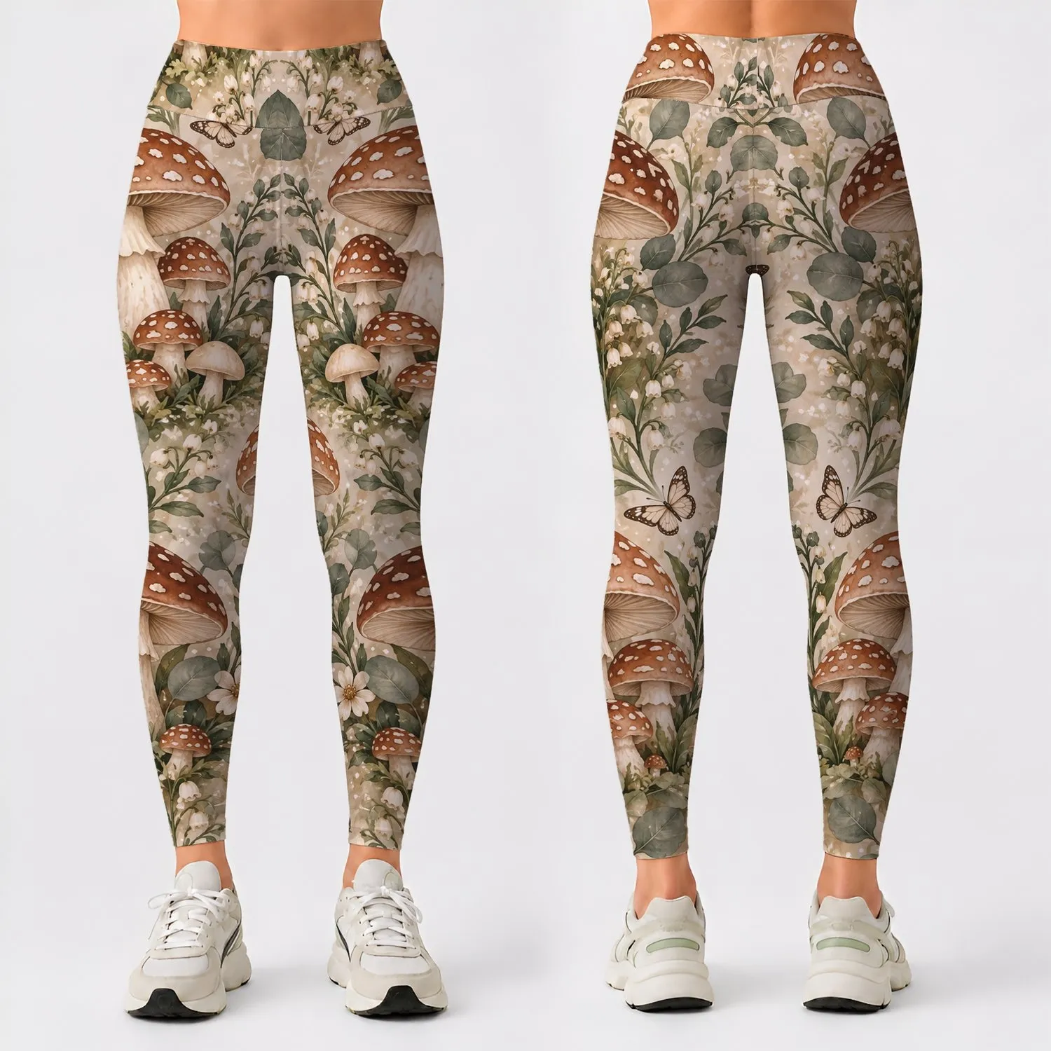 Woodland Mushroom And Butterfly Motifs For Cozy Nature Walks And Everyday Outings Leggings - 1