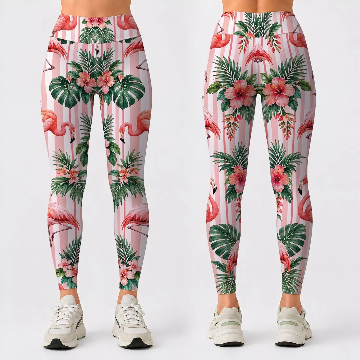 Coral Flamingo Stripes for Tropical Fitness Style and Playful Everyday Wear for Women Leggings - 1
