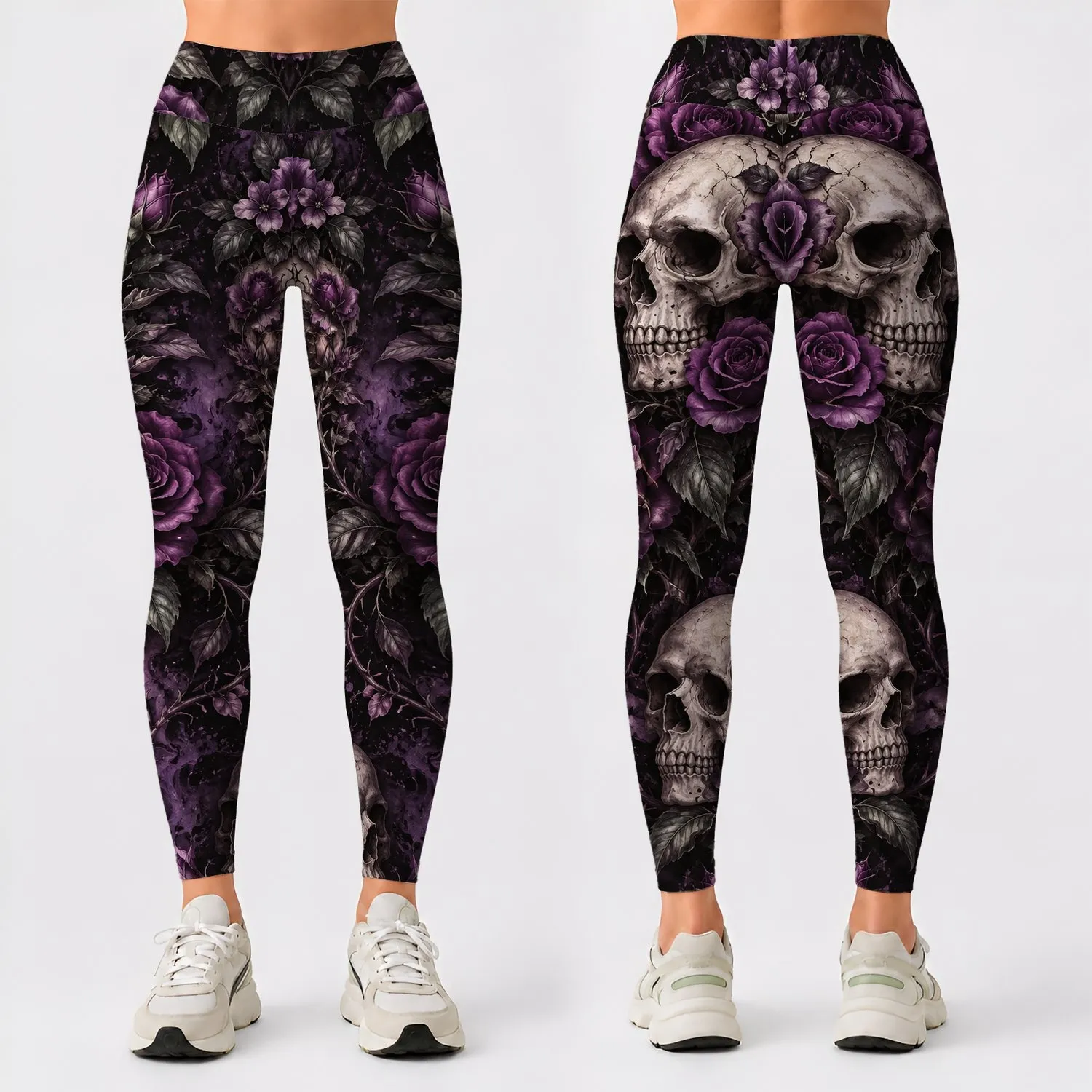 Violet Rose And Ivory Skull Motifs For Gothic Autumn Style And Dark Romantic Looks Leggings - 1