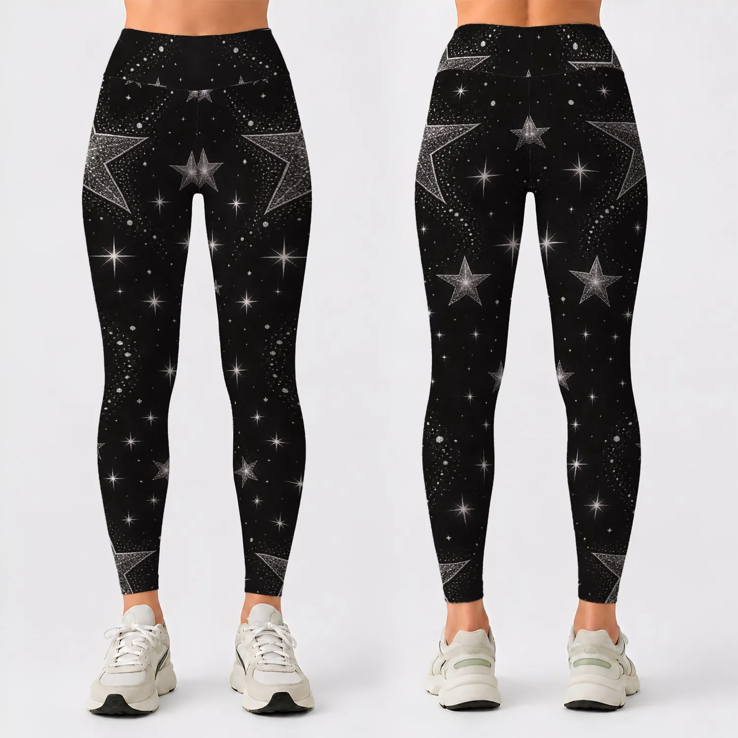Silver Star Motifs for Elegant Evening Style, Winter Outings, and Everyday Wear Leggings - 1