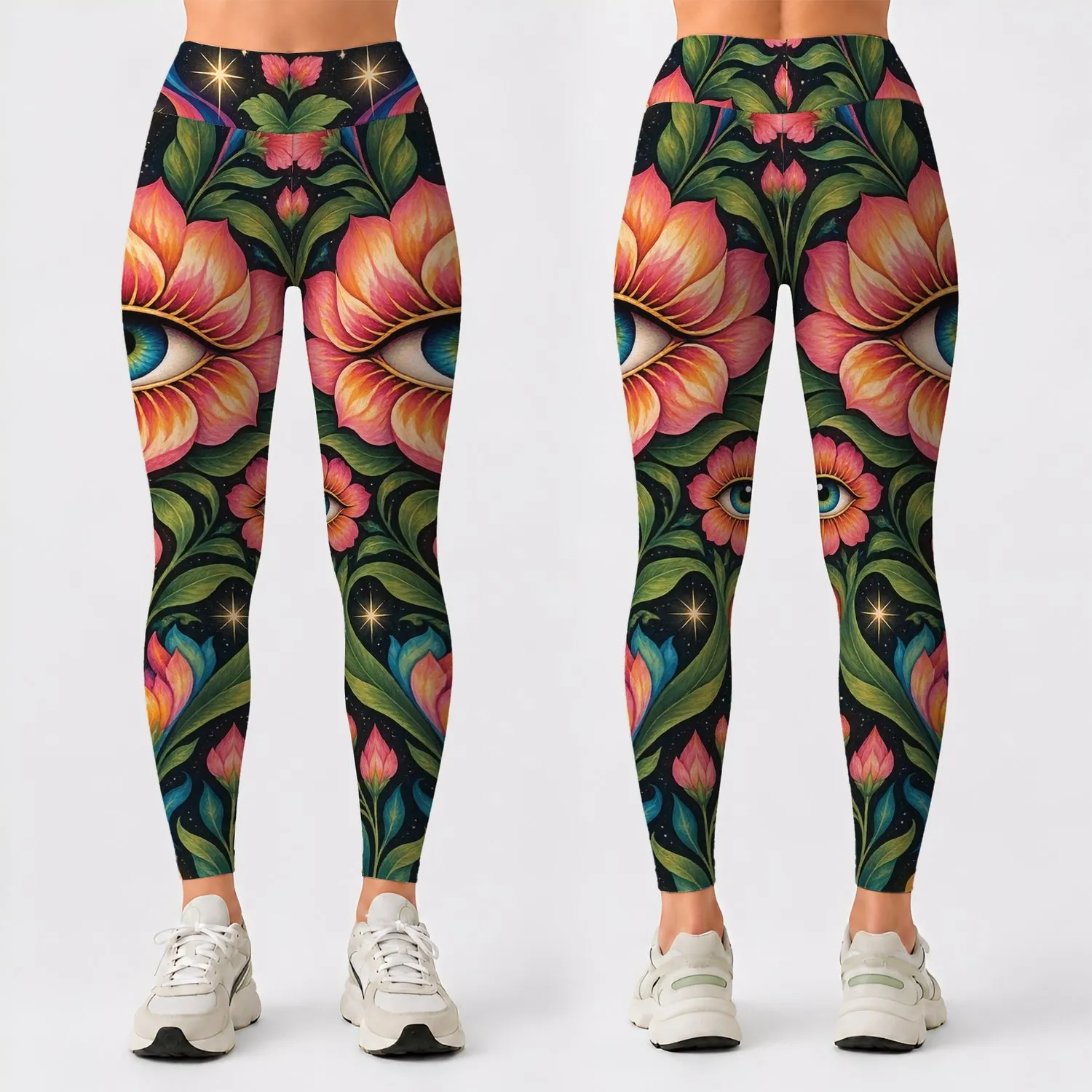 Psychedelic Floral Eyes in Jewel Tones for Festival Days and Everyday Wear for Her Leggings - 1