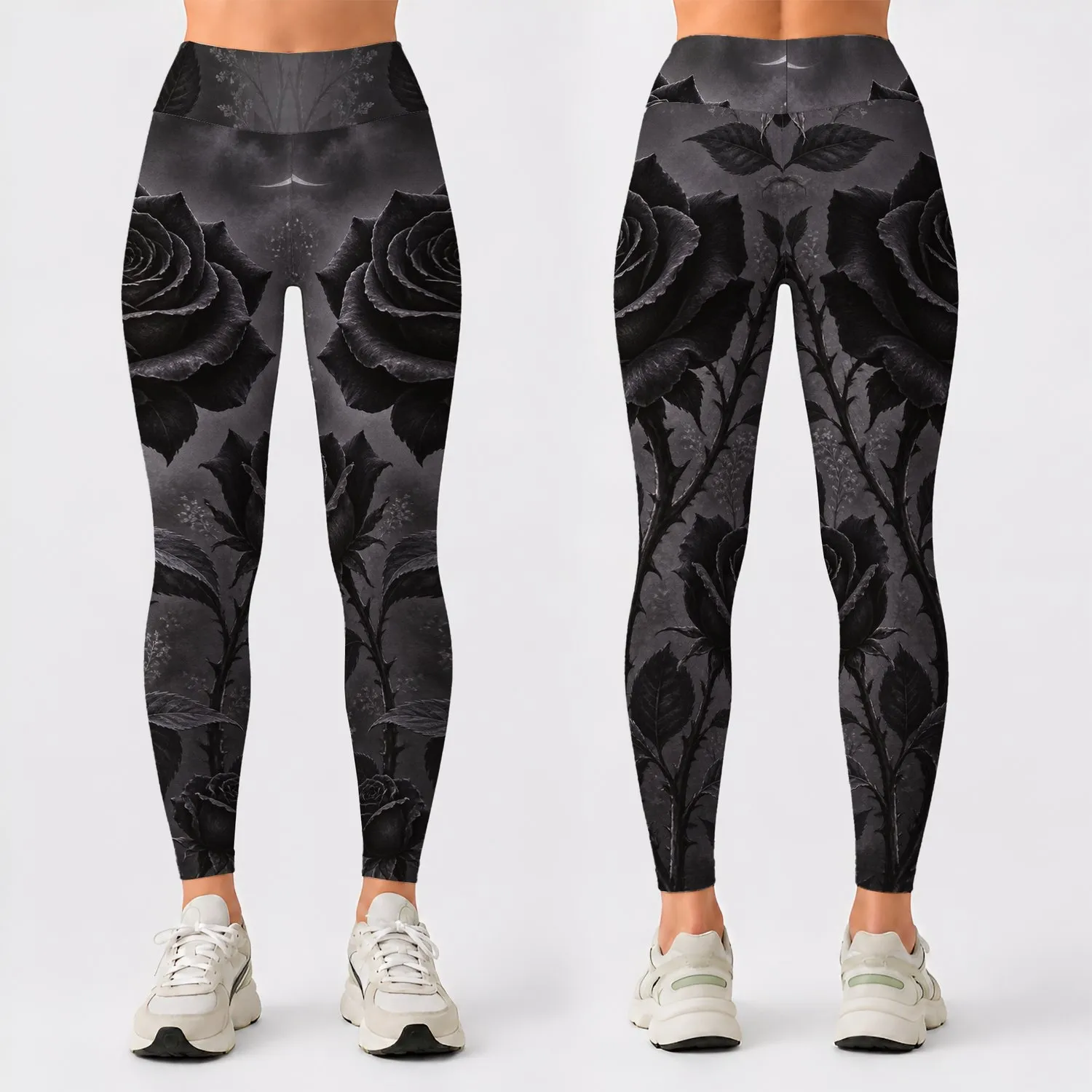 Black Roses and Crescent Moon for Gothic Night Out Style, Elegant Women's Everyday Wear Leggings - 1