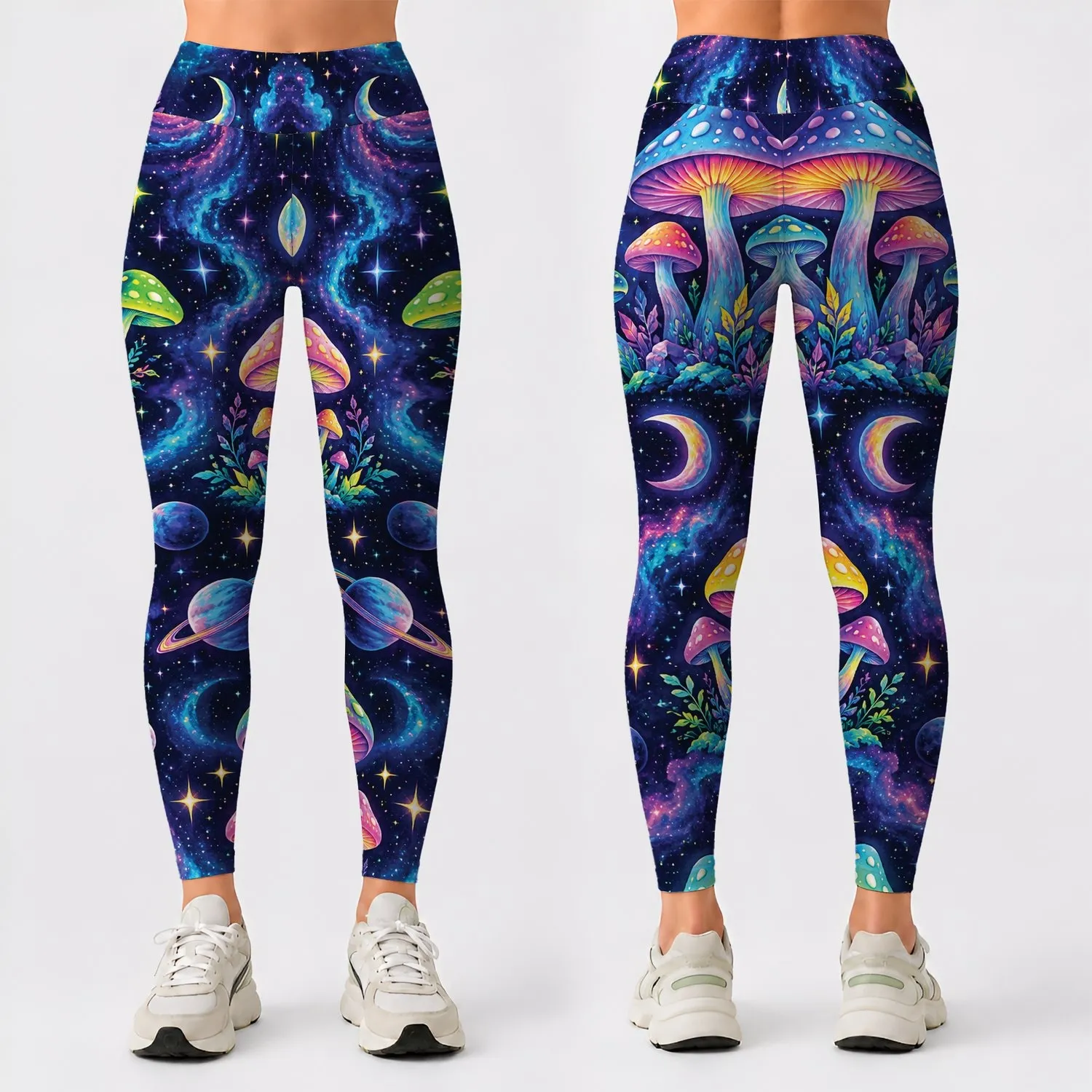 Neon Cosmic Mushrooms for Yoga, Festivals and Everyday Whimsy for Nature Lovers Leggings - 1