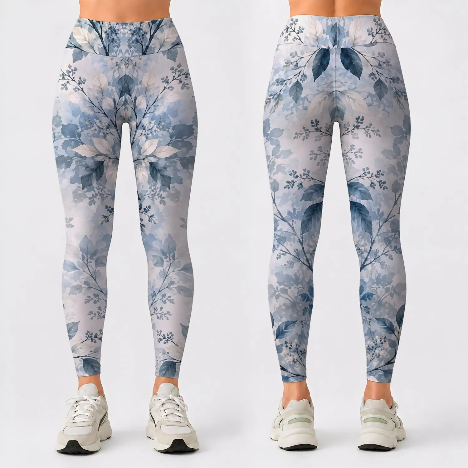 Misty Blue Tree Branches for Calm Yoga, Walks, and Everyday Streetwear for Women Leggings - 1