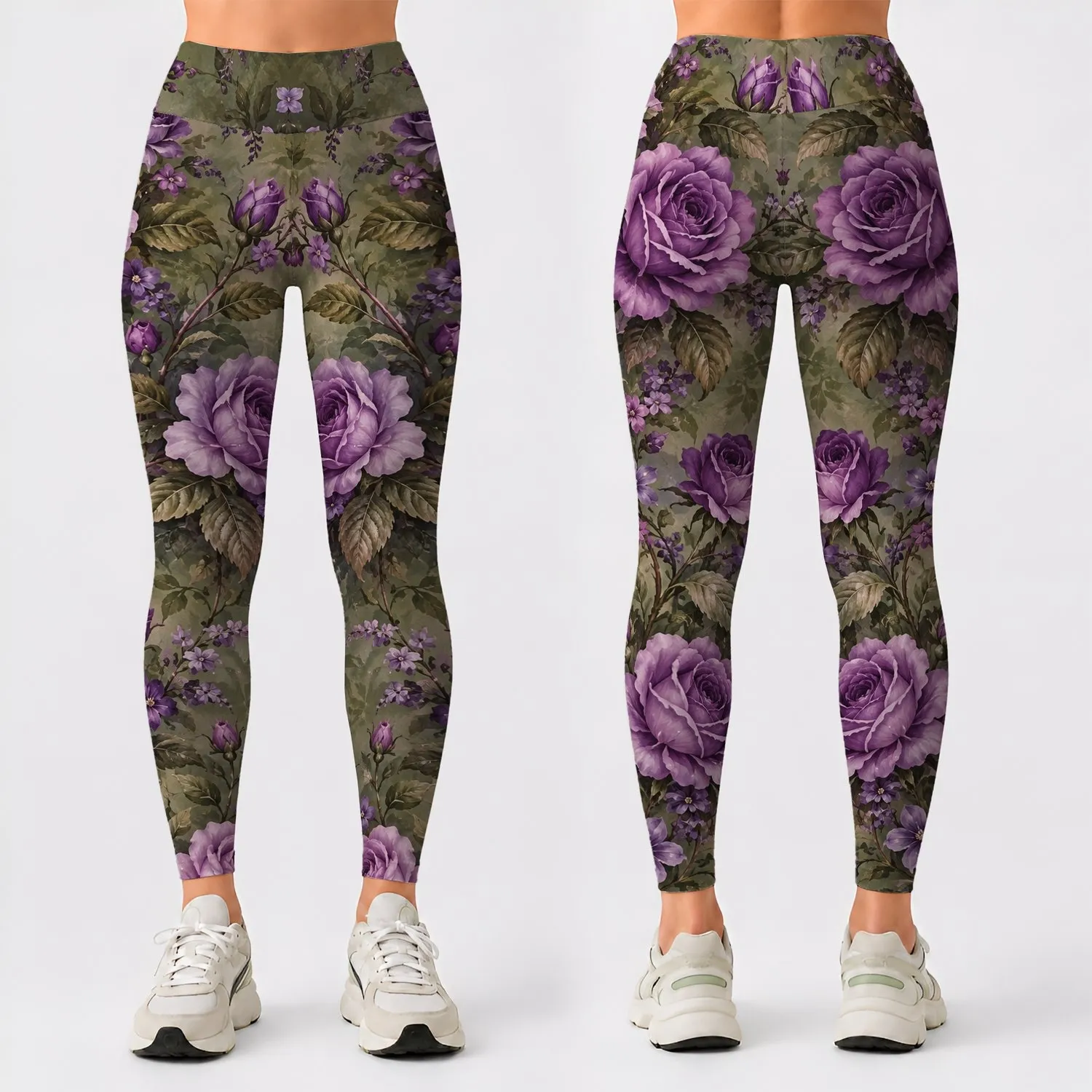 Olive Green Violet Rose Motifs for Dance, Travel and Everyday Wear for Women Leggings - 1