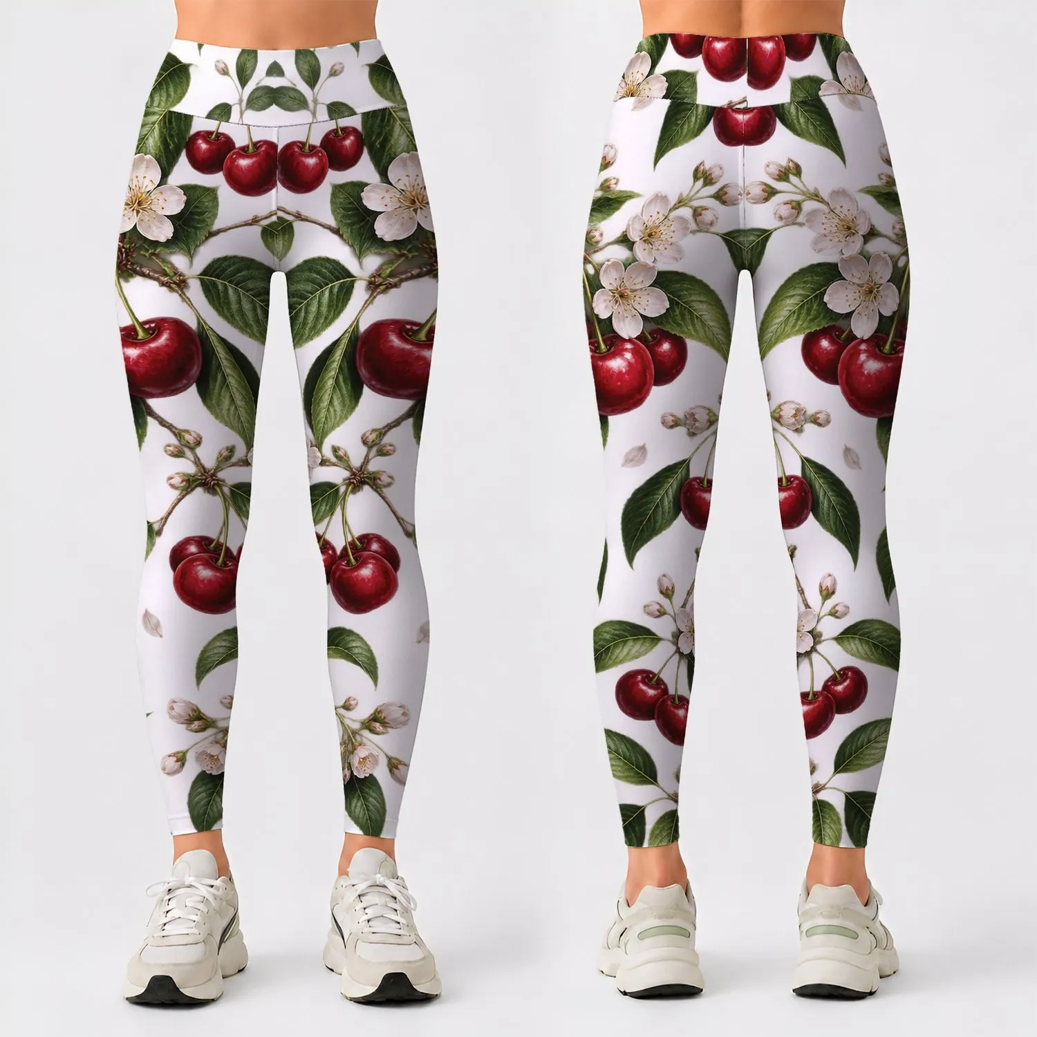 Red Cherry Blossoms and Green Leaves for Running and Outdoor Adventures Leggings - 1