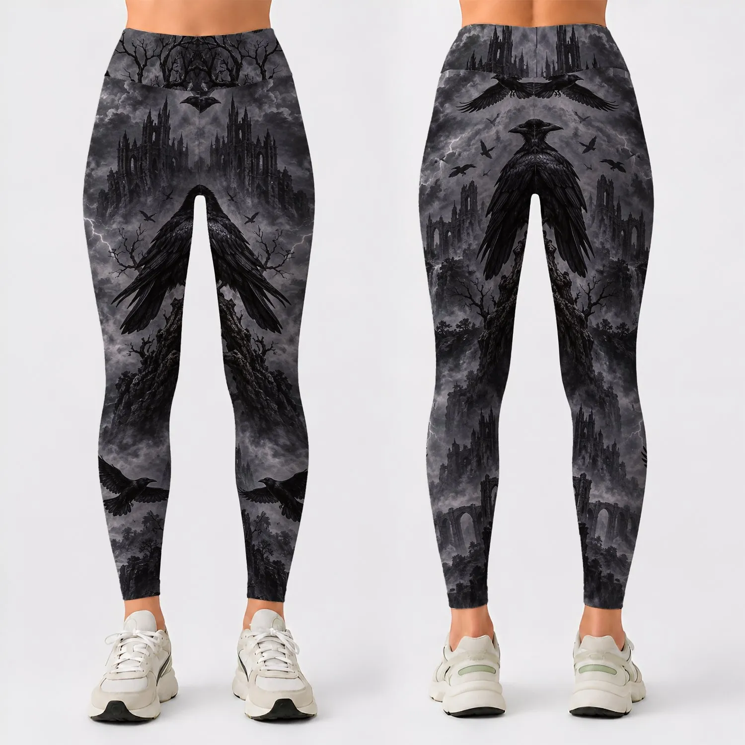 Gothic Raven Storm and Haunted Castle for Spooky Autumn Outings Leggings - 1