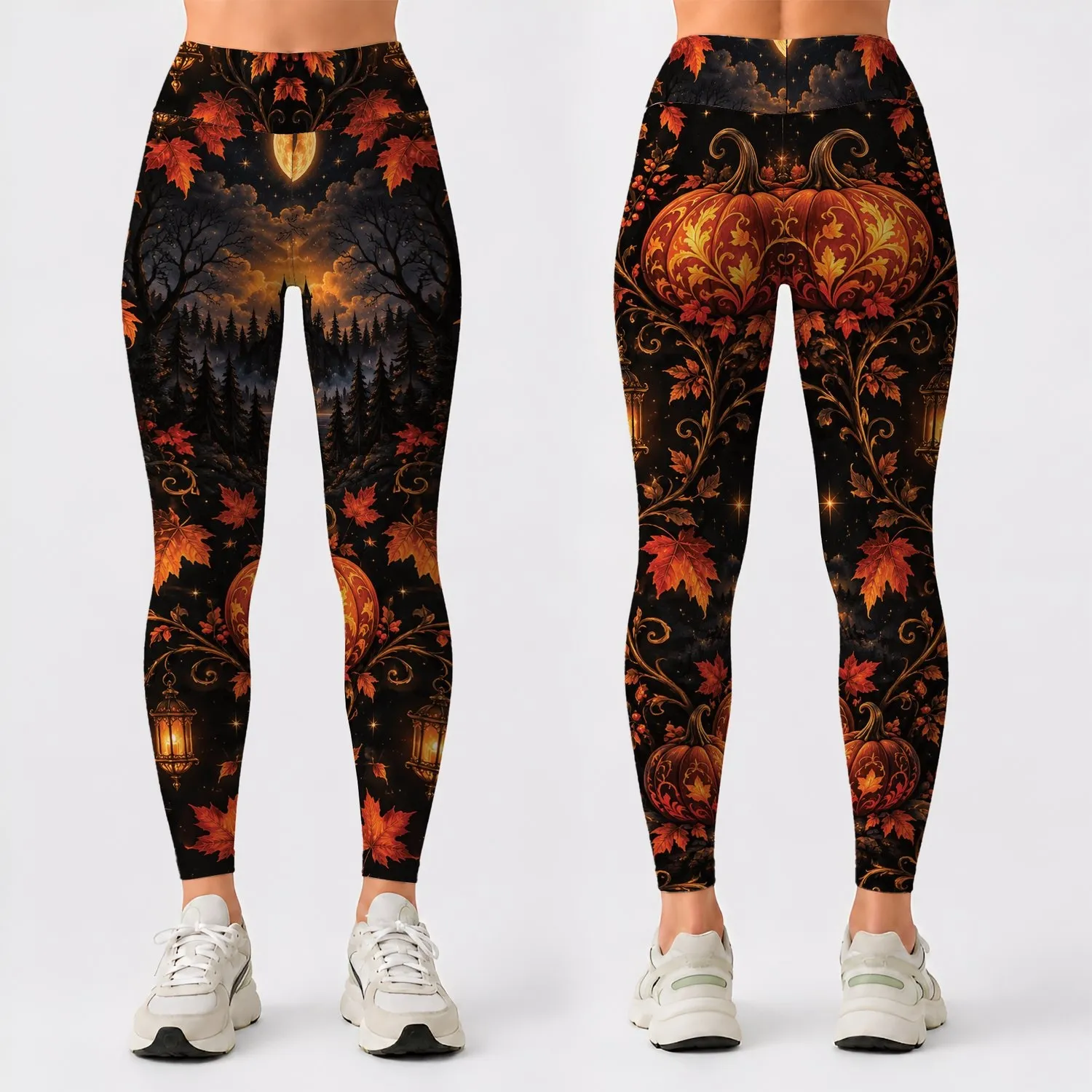 Gothic Pumpkins, Crescent Moon and Haunted Castle for Autumn Halloween Celebrations Leggings - 1