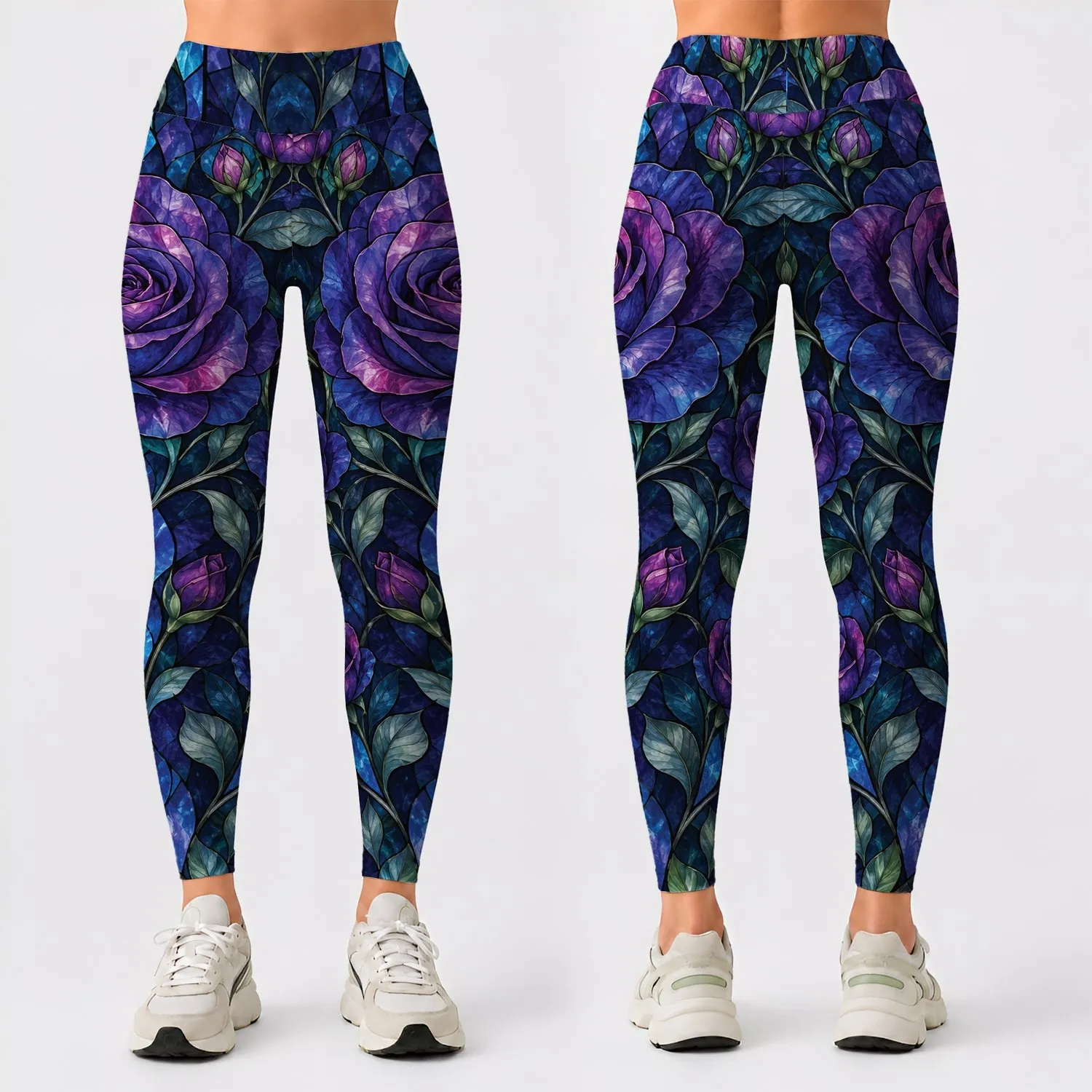 Blue Violet Stained Glass Roses for Bohemian Festivals, Art Walks and Evening Outfits Leggings - 1