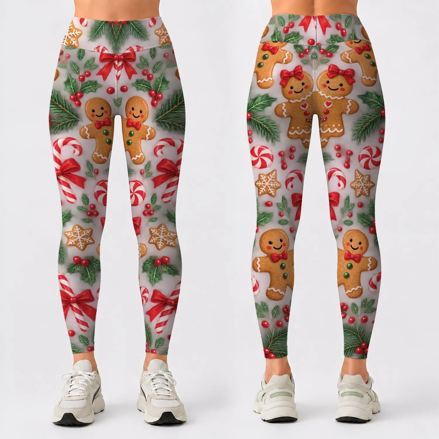 Gingerbread Men and Peppermint Candies for Cozy Christmas Holiday Celebrations Leggings - 1