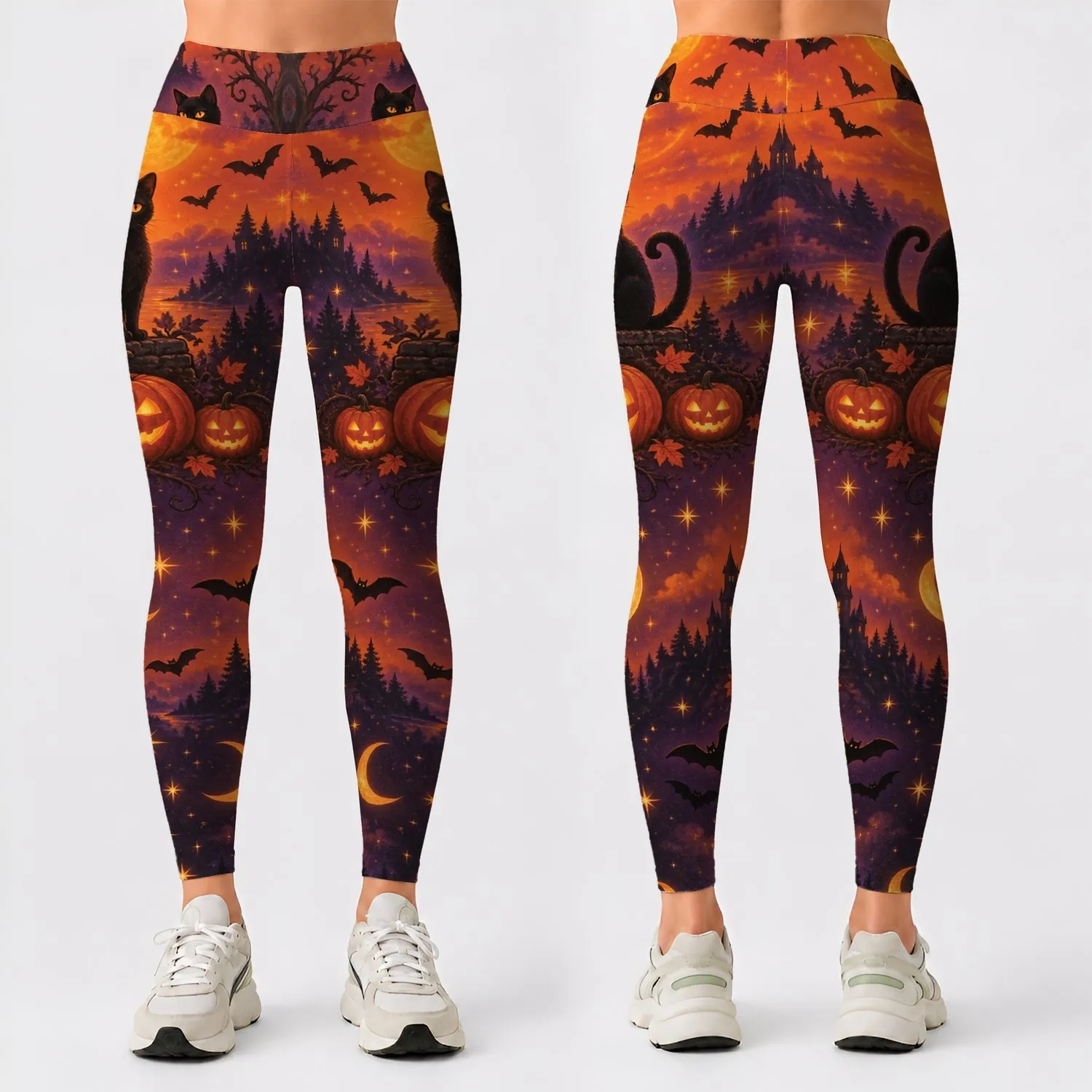 Black Cats, Jack-O'-Lanterns & Bats Under a Starry Halloween Sky for Festive Nights Leggings - 1