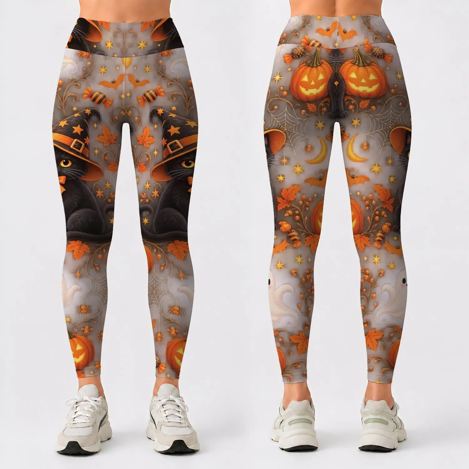 Halloween Cat Witch Hat Spider Webs and Candy for Spooky October Celebrations and Parties Leggings - 1