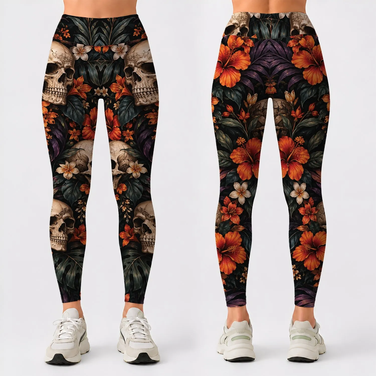 Halloween Skull And Tropical Flowers For Spooky Season Style And Autumn Adventures Leggings - 1