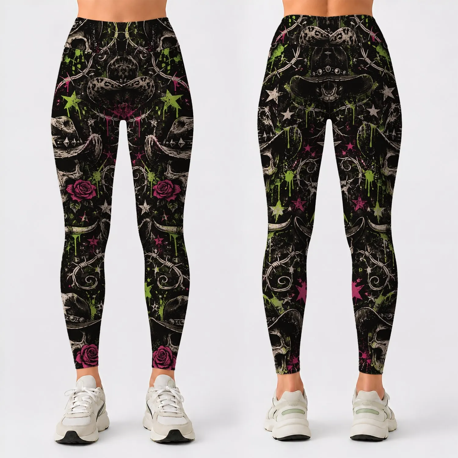 Neon Skull Western Rebel Style for Concert Nights and Everyday Casual Wear for Women Leggings - 1