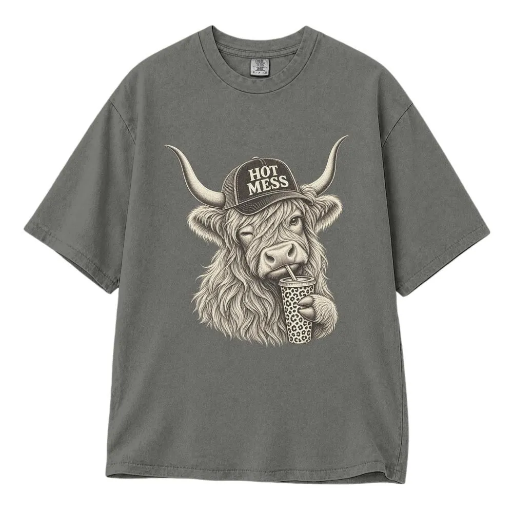 Hot Mess Highland Cow Shirt, Funny Coffee Lover Gift for Her, Rustic Western Farm Animal Style, Tee Hoodie Sweatshirt - 1