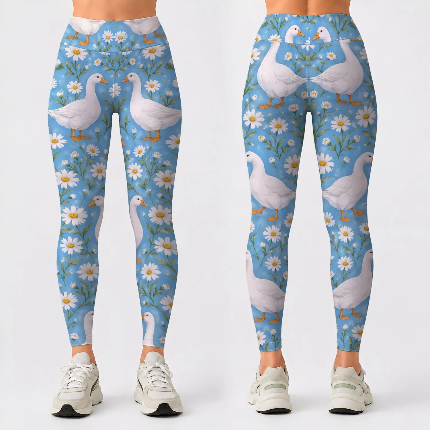 White Geese And Daisies For Yoga, Pilates, And Everyday Outdoor Style Leggings - 1