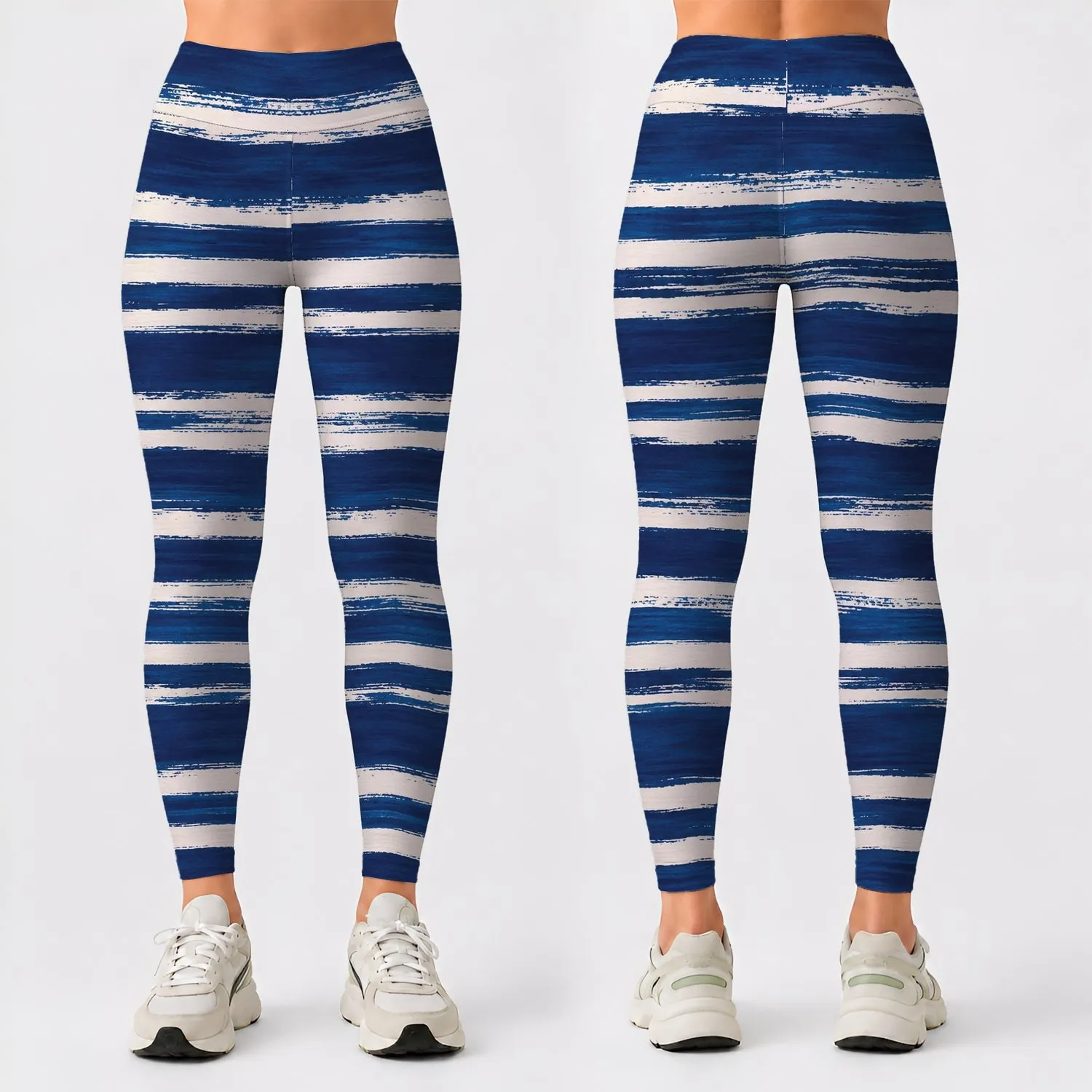 Navy Brushstroke Stripes for Coastal Runs and Studio Sessions for Active Women Leggings - 1