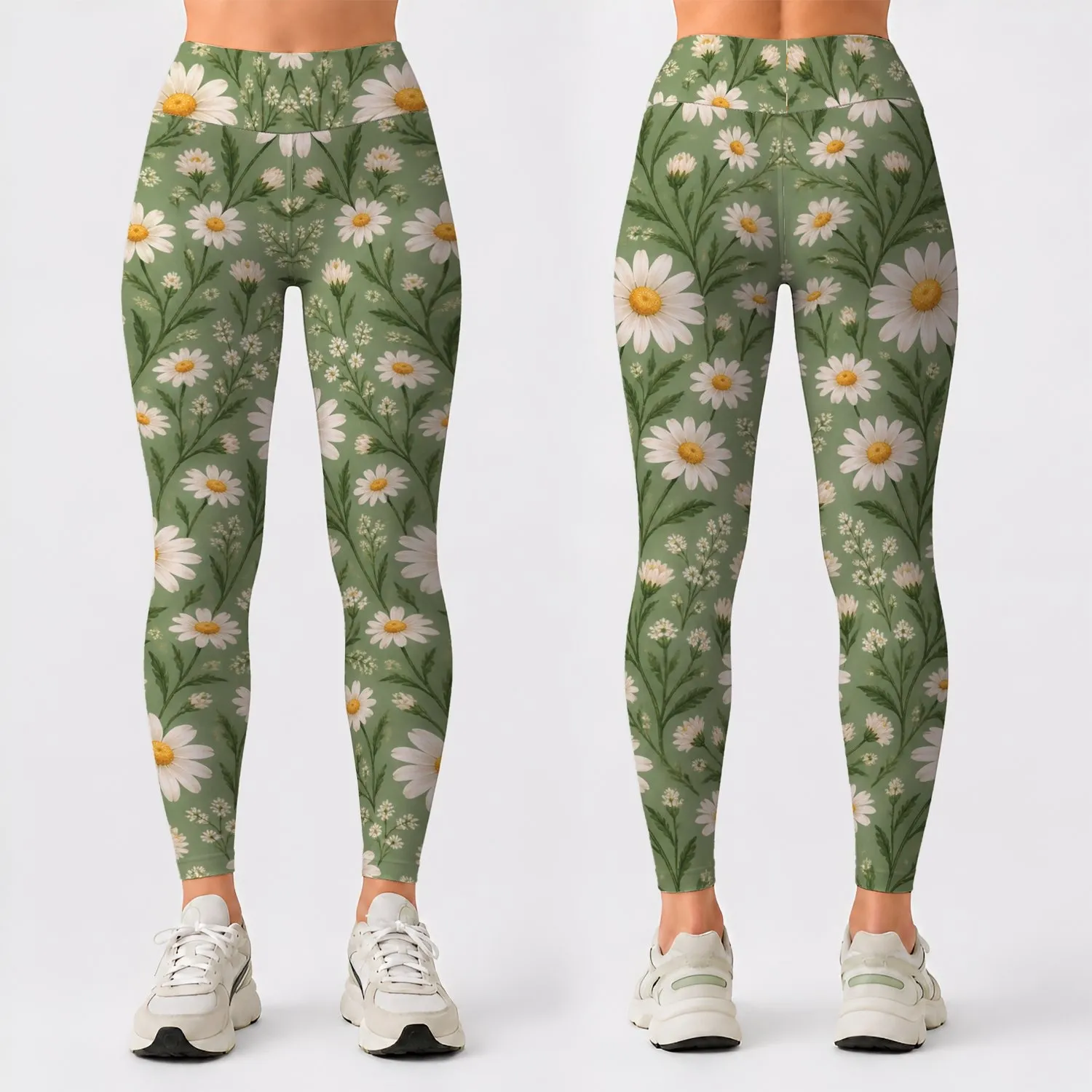 White Daisy Meadow with Golden Centers for Spring Fitness and Outdoor Yoga Leggings - 1