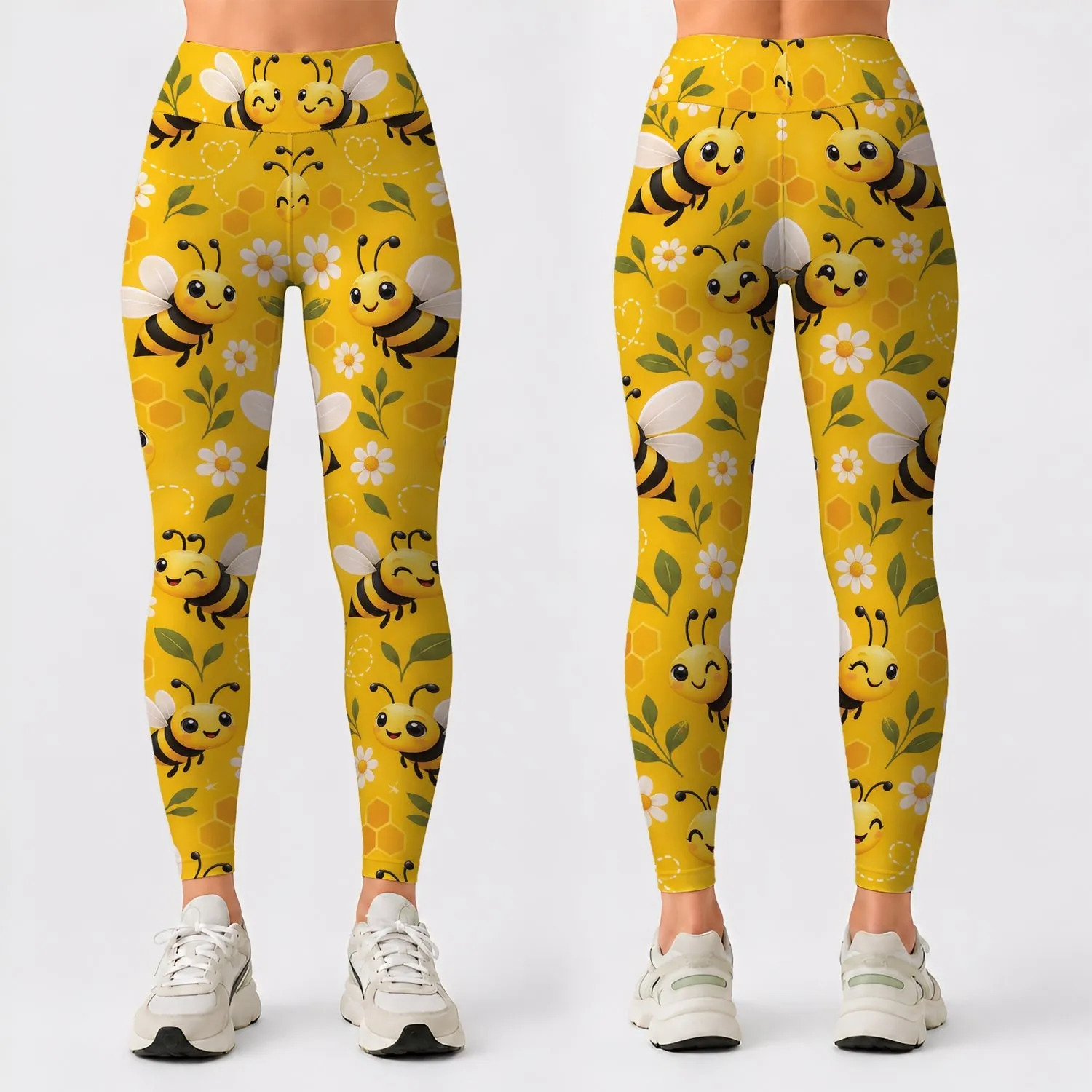 Cheerful Honey Bees and Golden Yellow Blooms for Sunny Outdoor Fitness and Yoga Days Leggings - 1