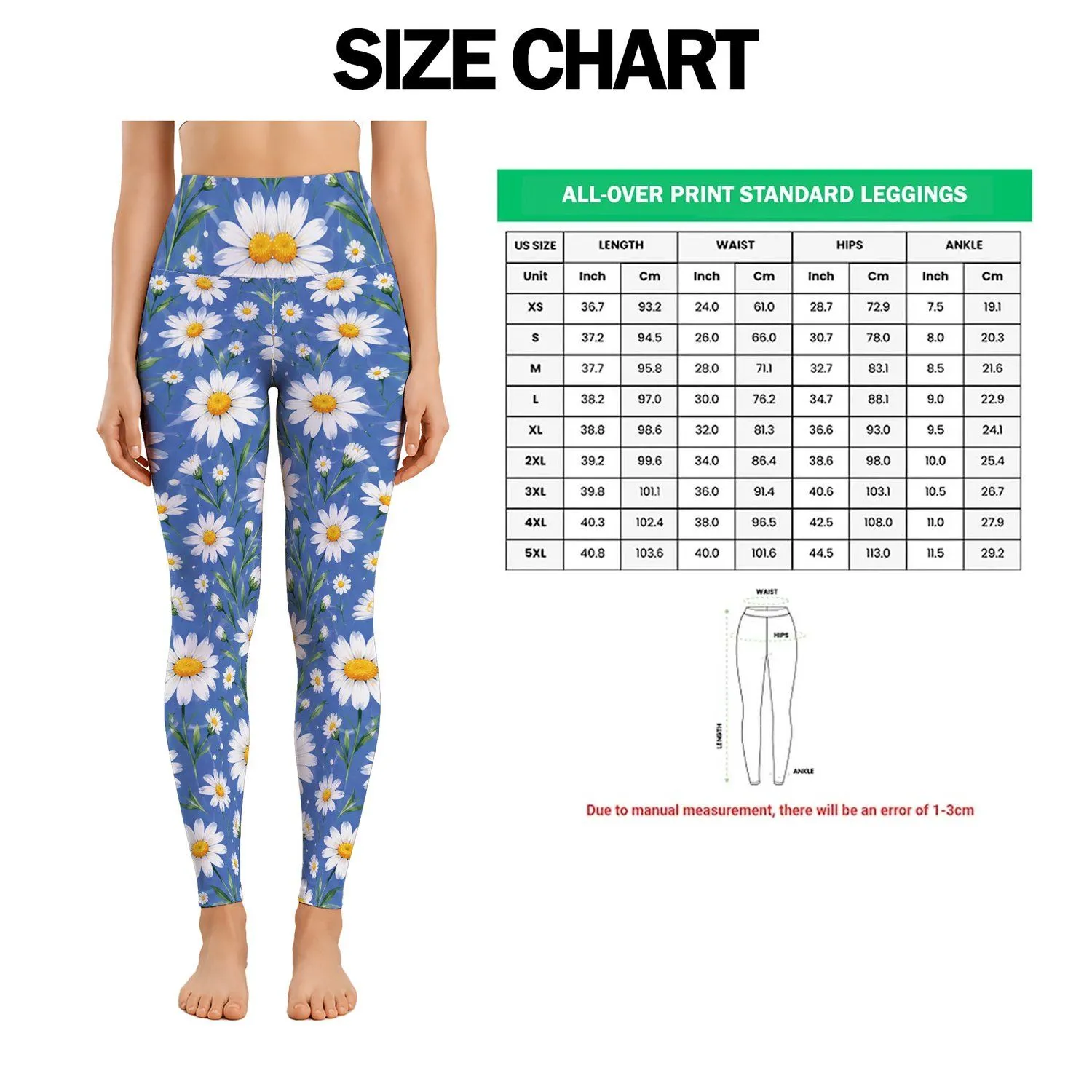 White Daisy Blooms on Periwinkle Blue for Spring Fitness and Yoga Leggings - 1