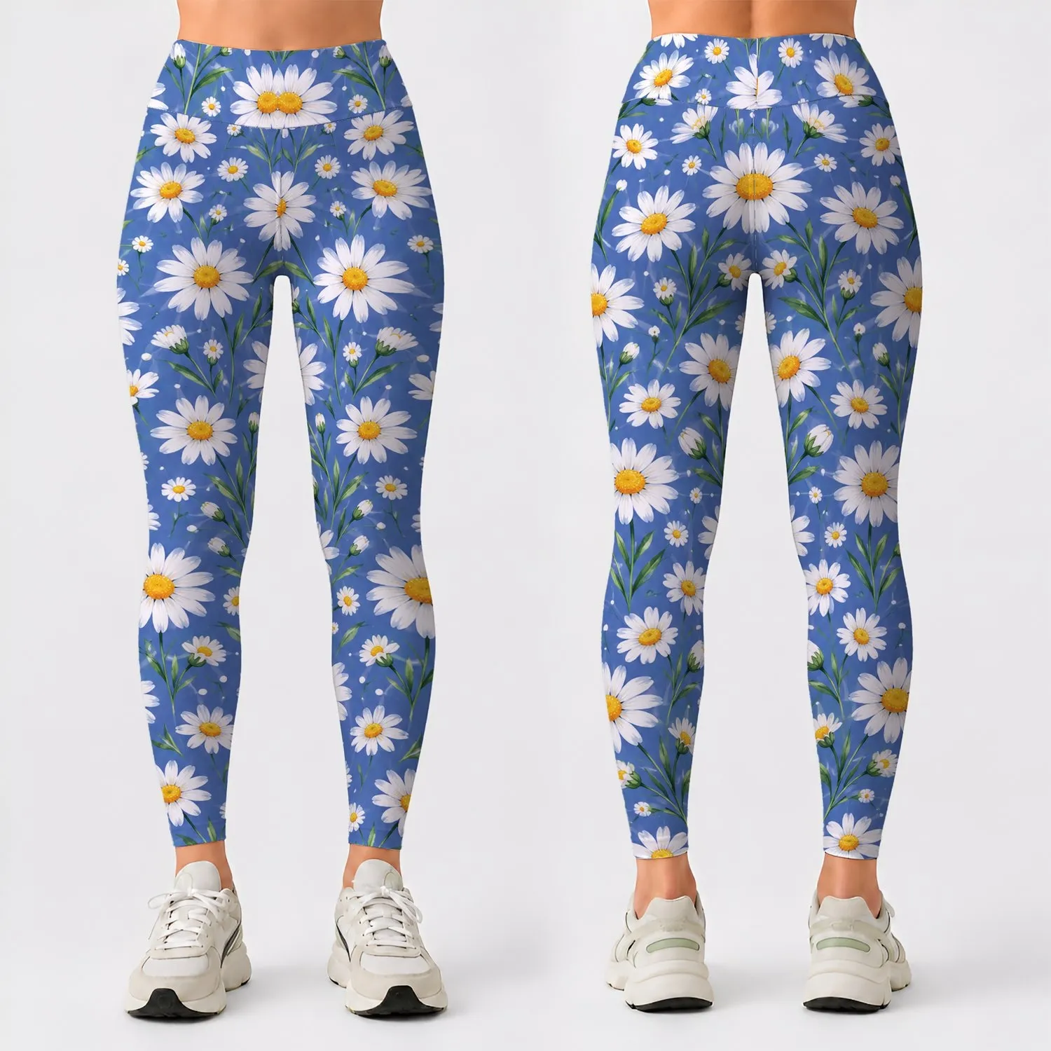 White Daisy Blooms on Periwinkle Blue for Spring Fitness and Yoga Leggings - 1