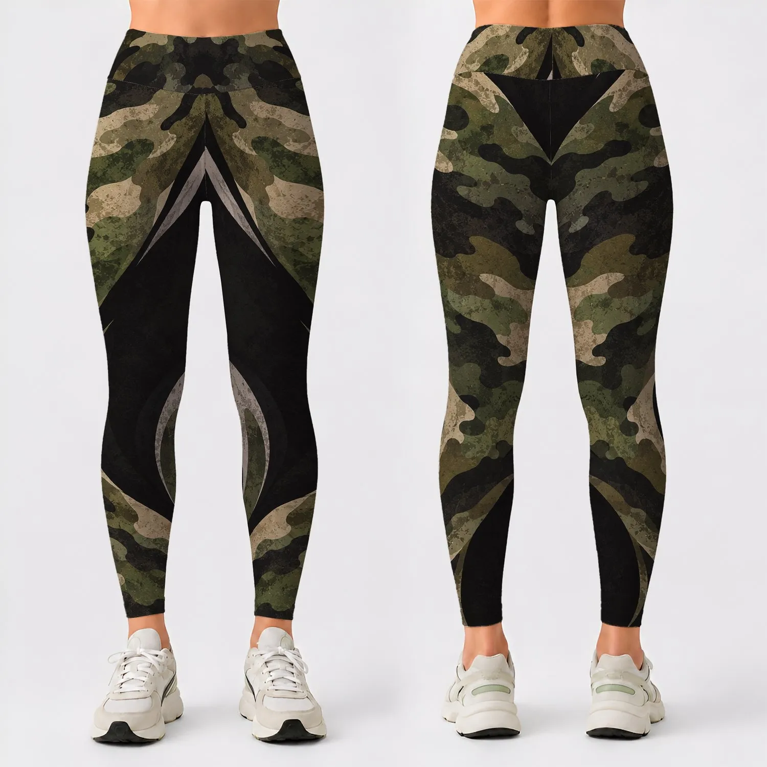 Olive Woodland Camo And Charcoal Colorblock For Yoga And Trail Training Leggings - 1