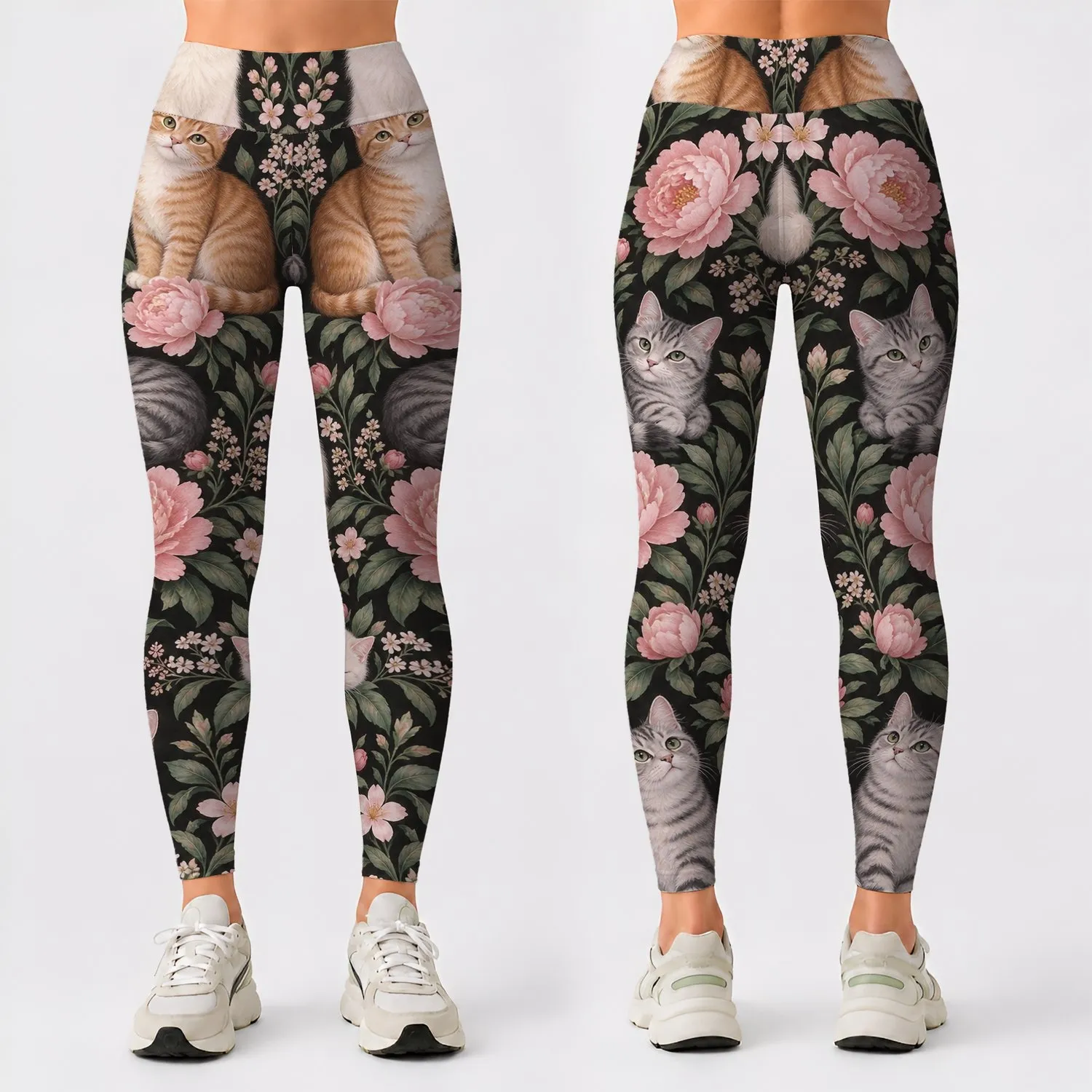 Whimsical Tabby Cats And Garden Roses For Yoga, Fitness And Everyday Wellness For Women Leggings - 1