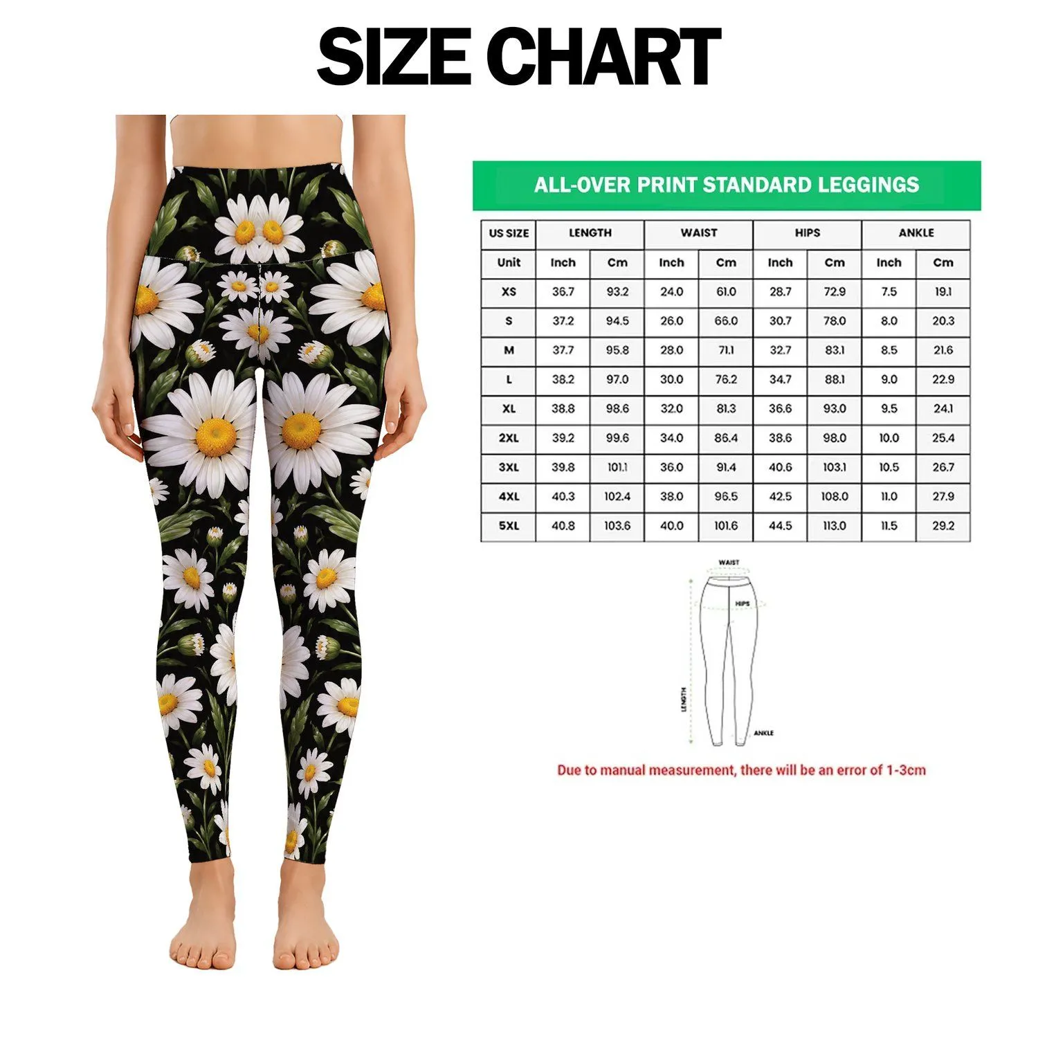 White Daisy Blooms on Midnight Black for Spring Workouts and Everyday Wear for Women Leggings - 1