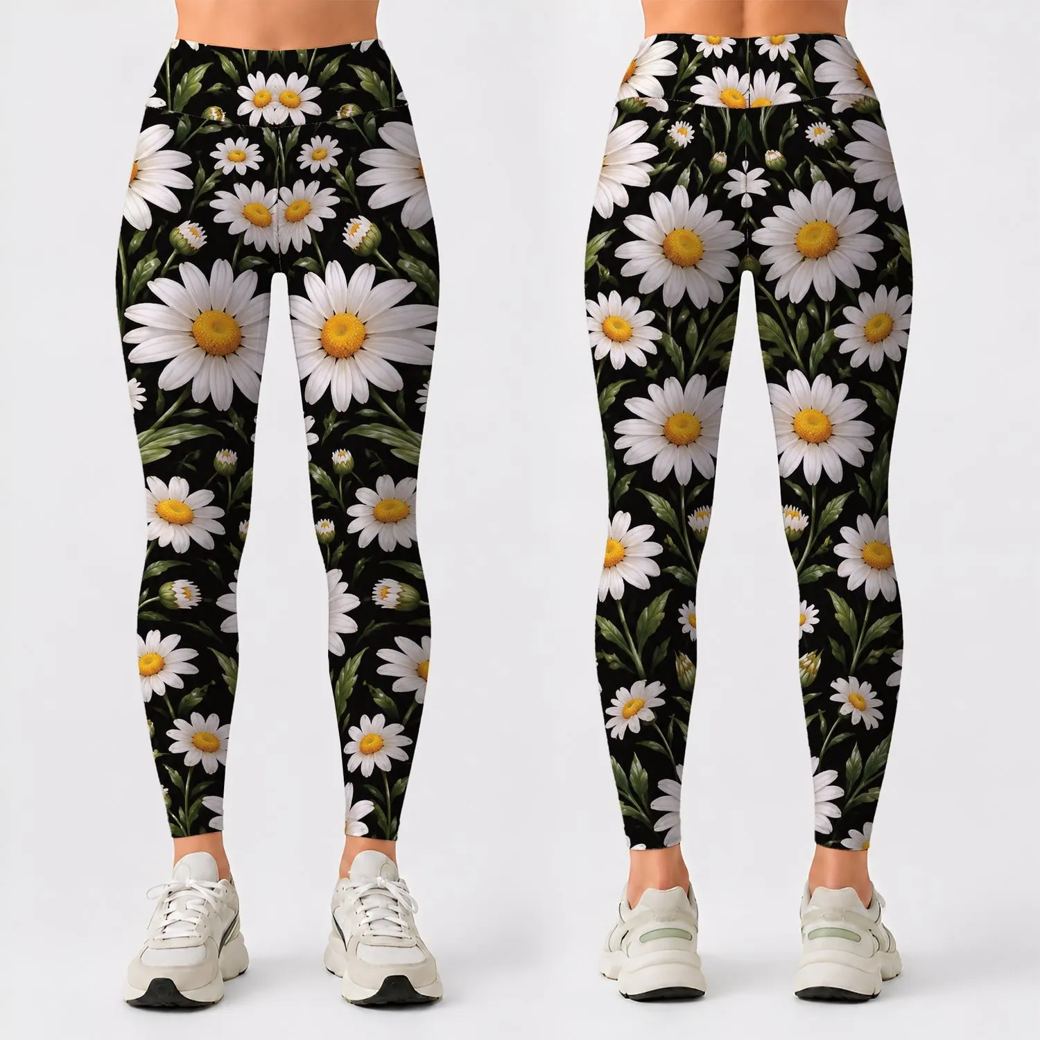 White Daisy Blooms on Midnight Black for Spring Workouts and Everyday Wear for Women Leggings - 1