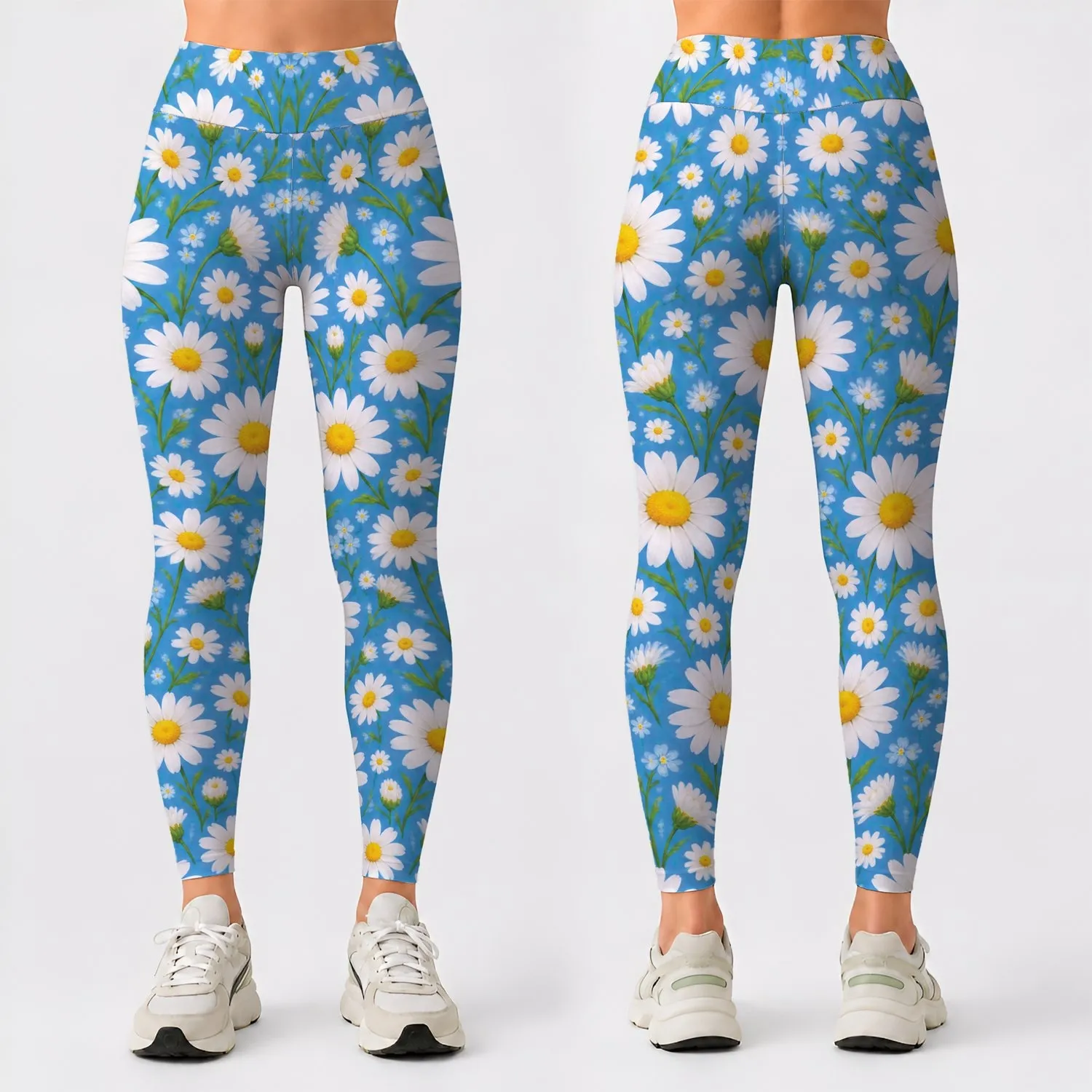 Blue Daisy Blooms for Sunny Outdoor Workouts and Cheerful Everyday Activewear Style Leggings - 1