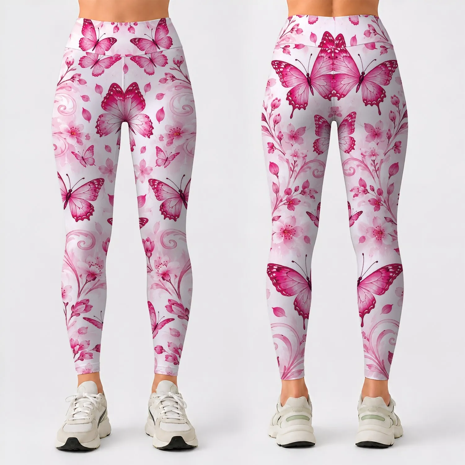 Pink Butterfly And Whirling Floral Motifs For Bright Everyday Style And Outdoor Wear Leggings - 1