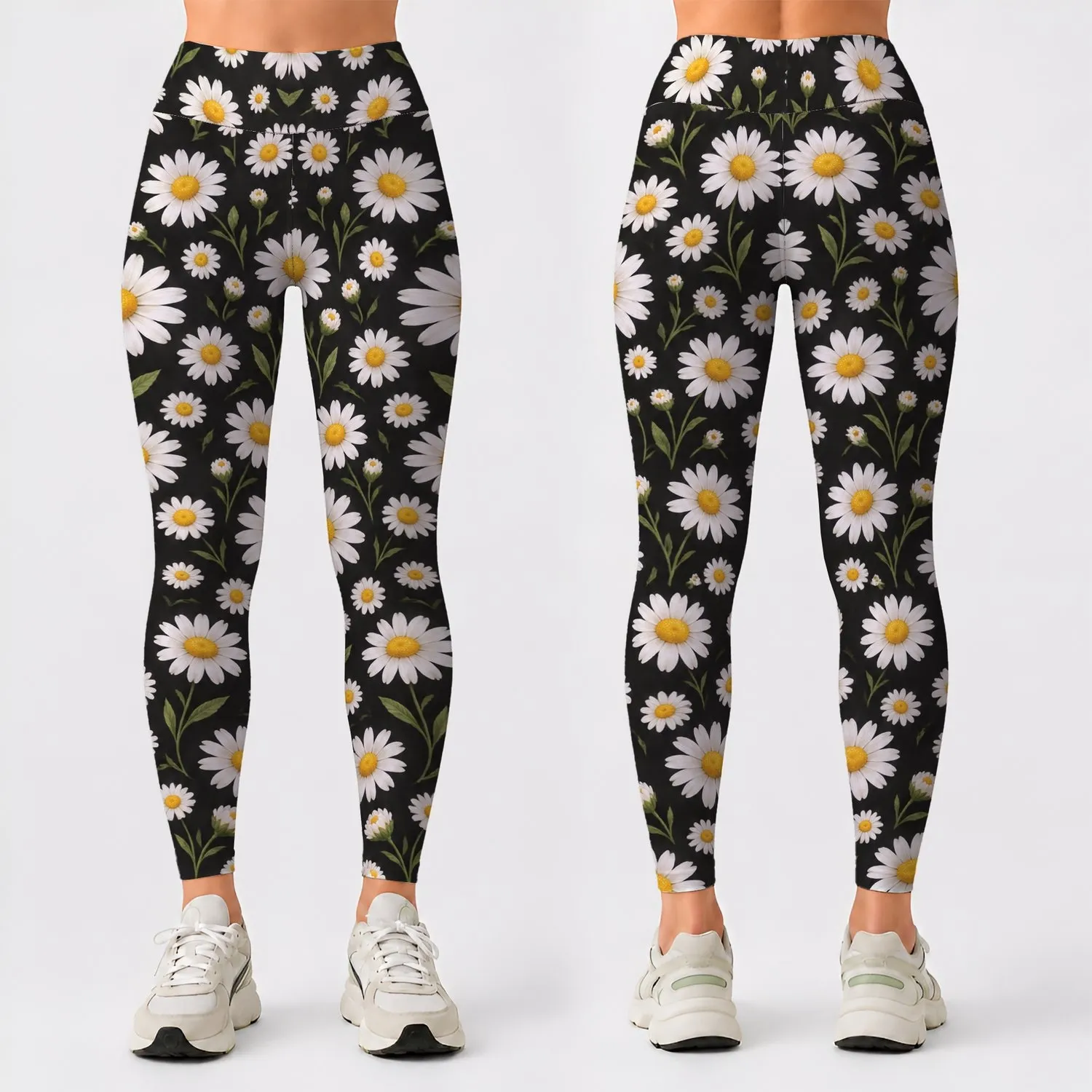 White Daisy Blooms on Charcoal for Cheerful Yoga and Everyday Activewear Leggings - 1
