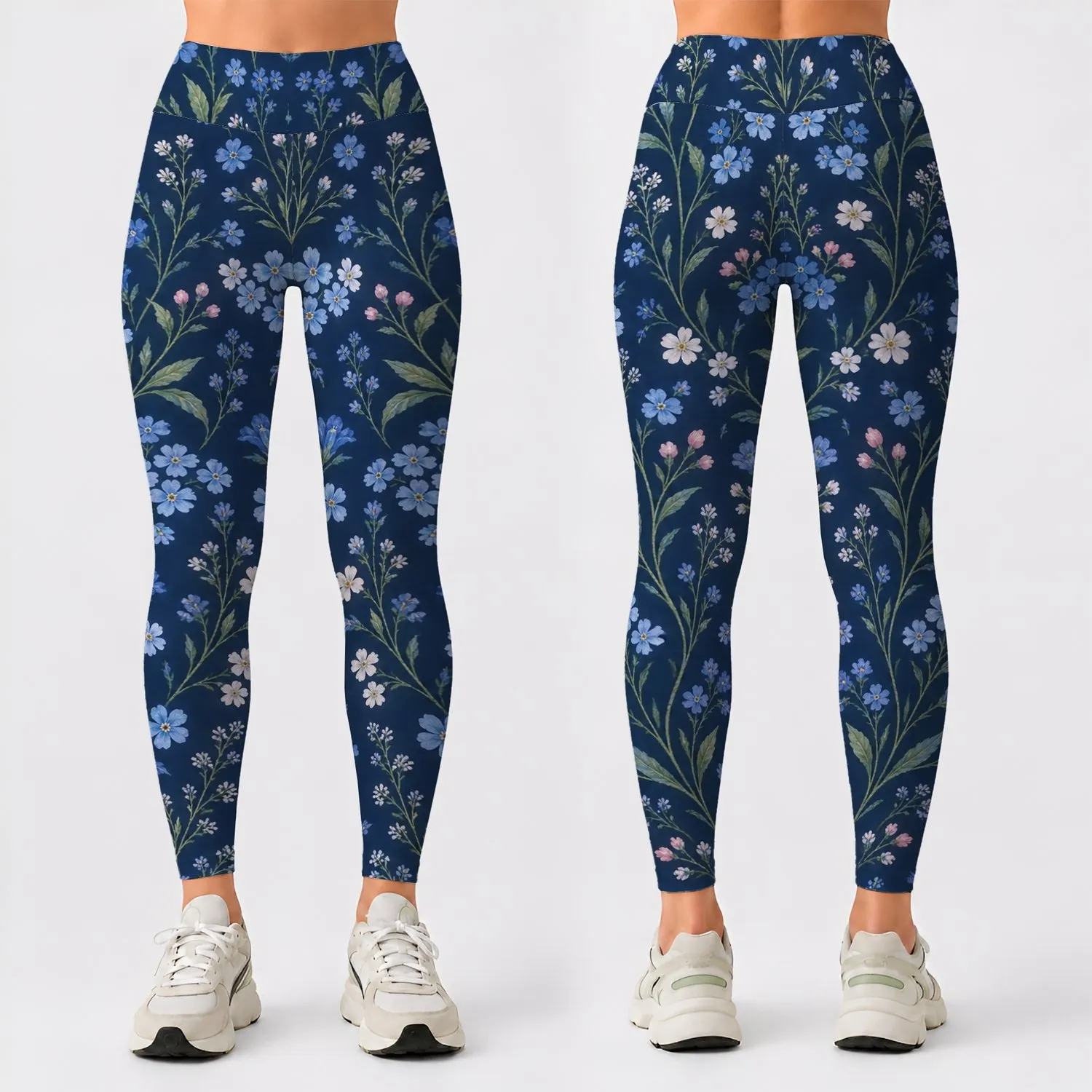 Navy Blue Wildflower Sprigs For Studio Training And Everyday Activewear Style Leggings - 1