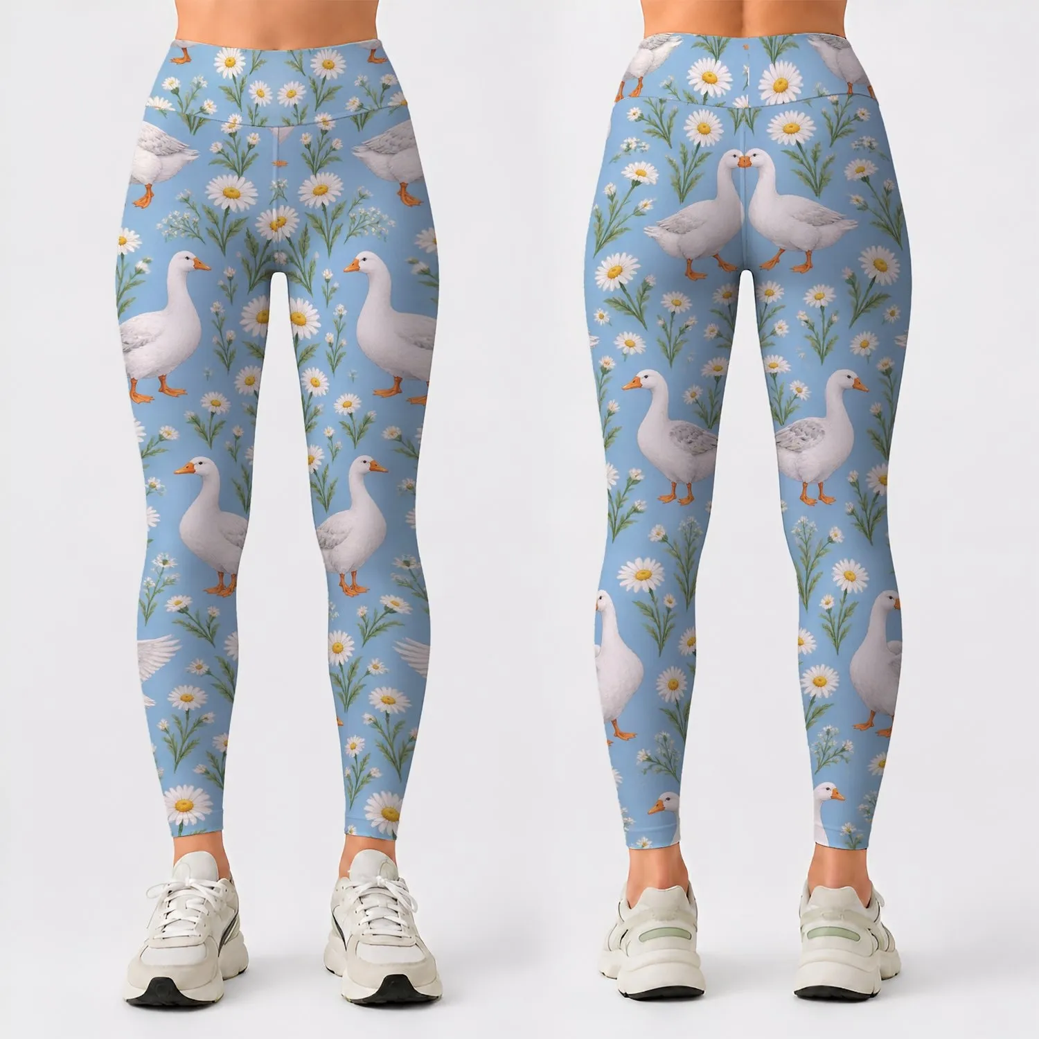 White Geese And Daisies For Outdoor Yoga And Running With Cheerful Meadow Charm Style Leggings - 1