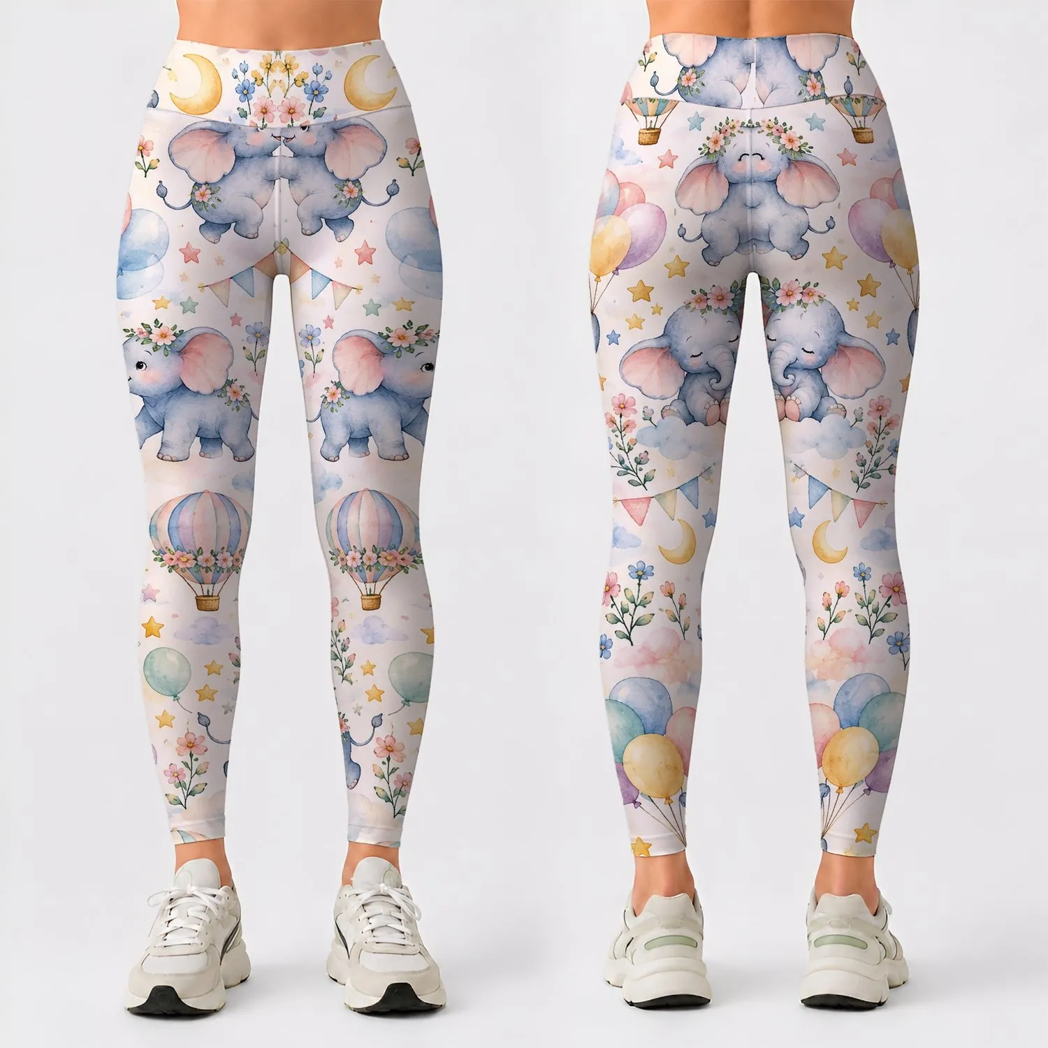 Pastel Baby Elephants and Balloons for Yoga Pilates and Everyday Wear Leggings - 1