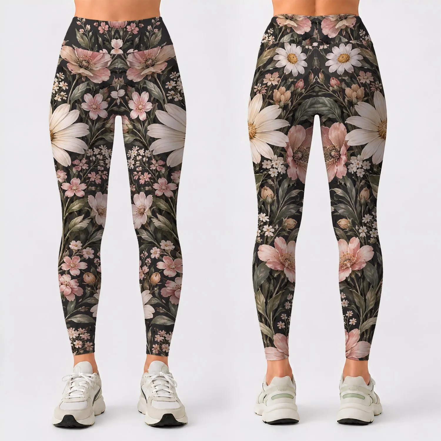 Charcoal Cream Wildflower Blooms for Yoga Pilates and Everyday Activewear Style Leggings - 1