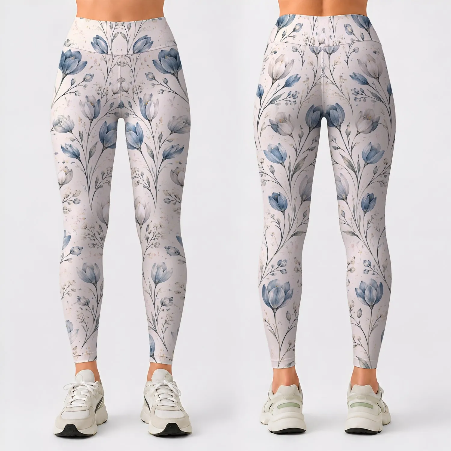 Tiny Blue Tulip Sprigs For Yoga, Pilates And Everyday Errands With Soft Floral Style Leggings - 1
