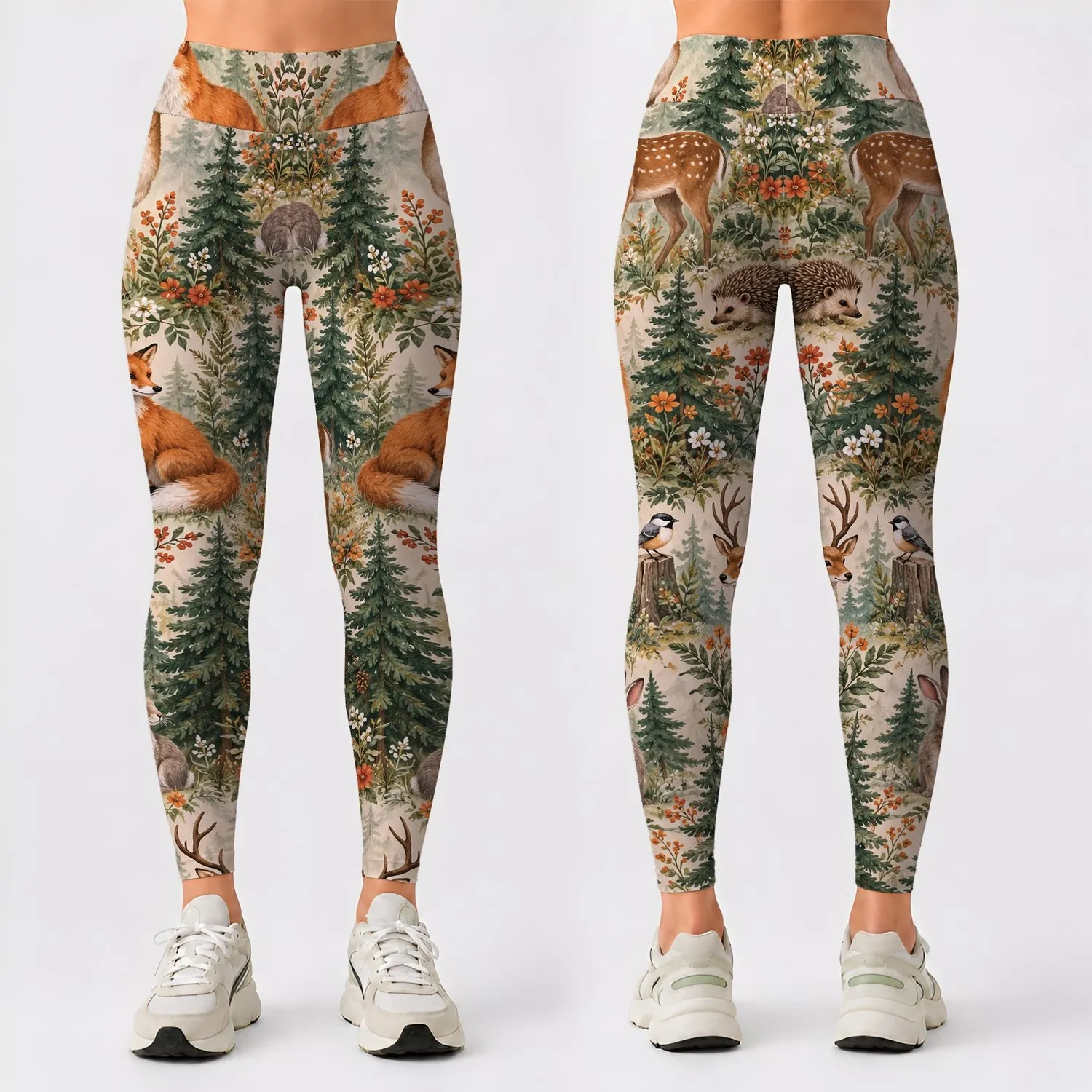 Woodland Fox Deer Rabbit Forest Scene for Yoga, Hiking and Everyday Outdoor Adventures Leggings - 1