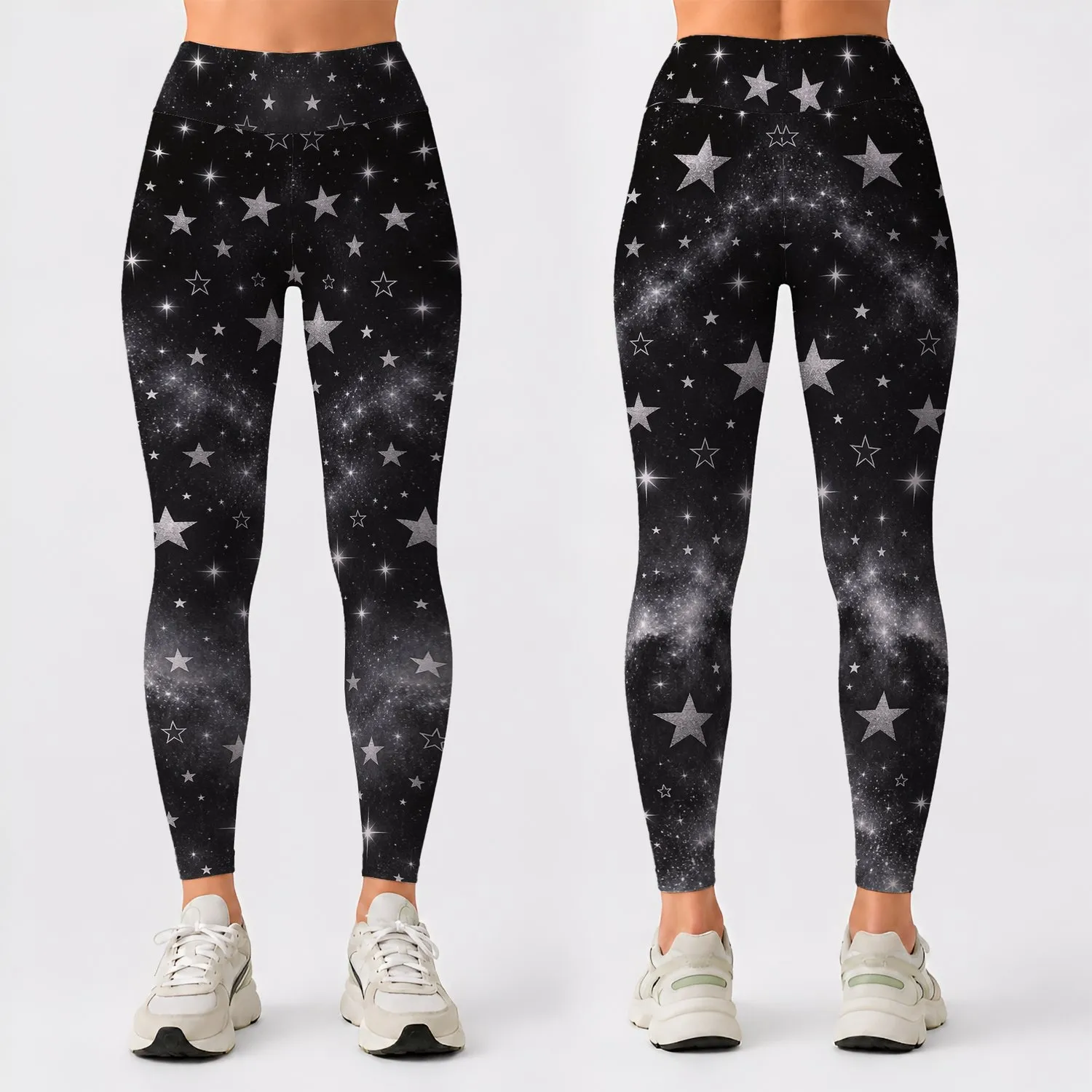Charcoal Starry Night and Silver Stars for Yoga Training, Fitness, and Outdoor Running Leggings - 1