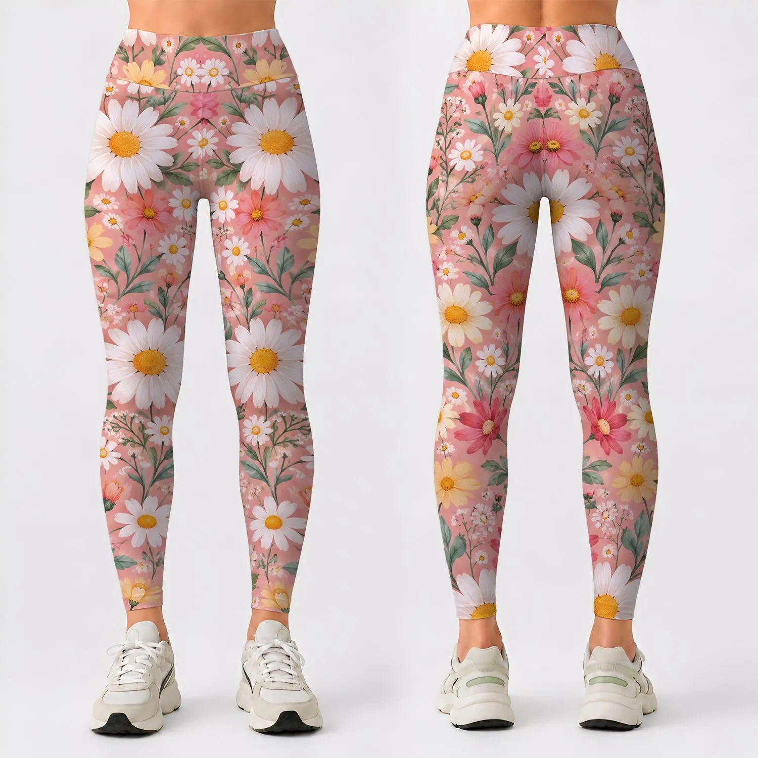 Pink Daisy and White Wildflower Blooms for Yoga, Pilates, and Everyday Outings Leggings - 1