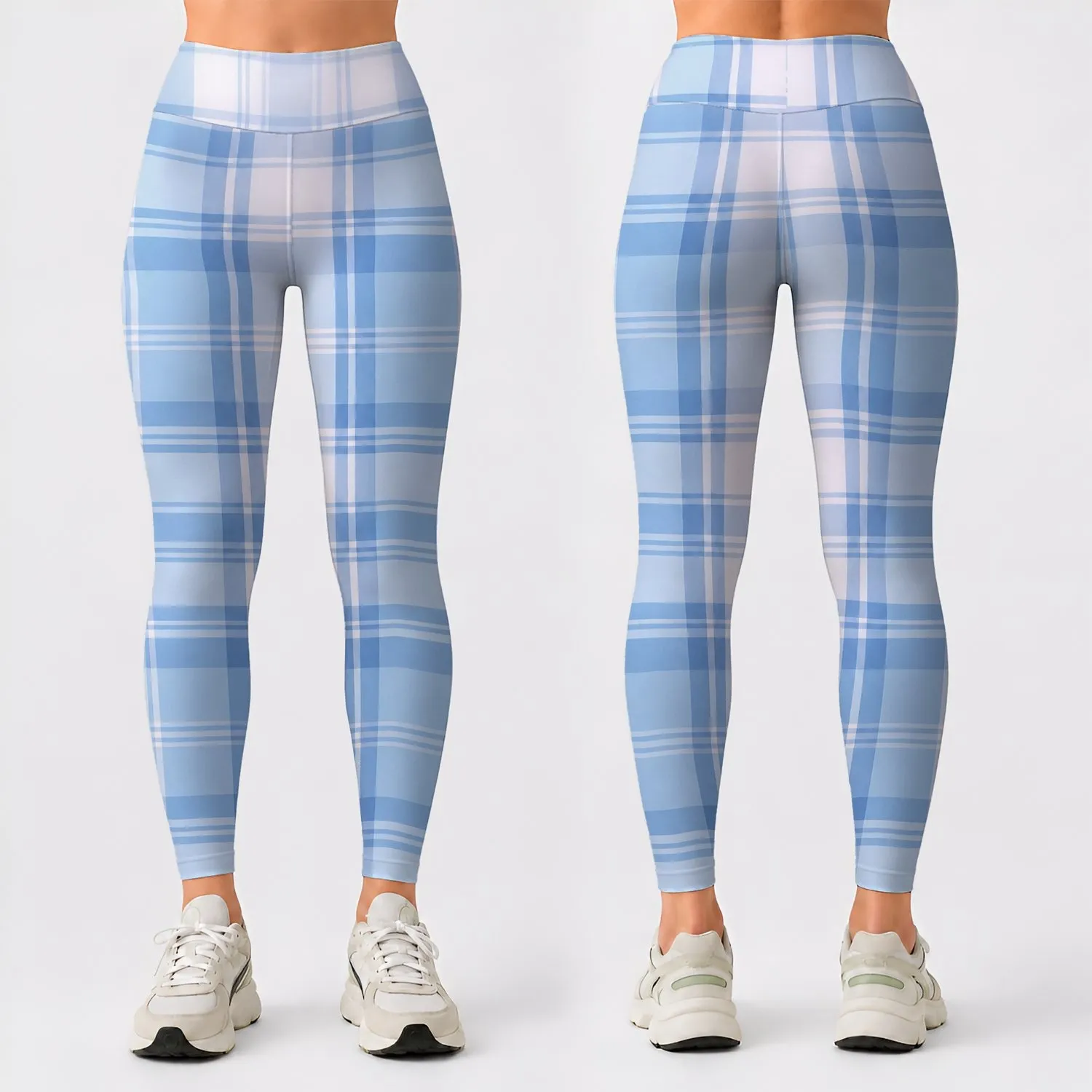 Sky Blue and Ivory Tartan Checks for Yoga, Pilates, and Relaxed Everyday Style Leggings - 1