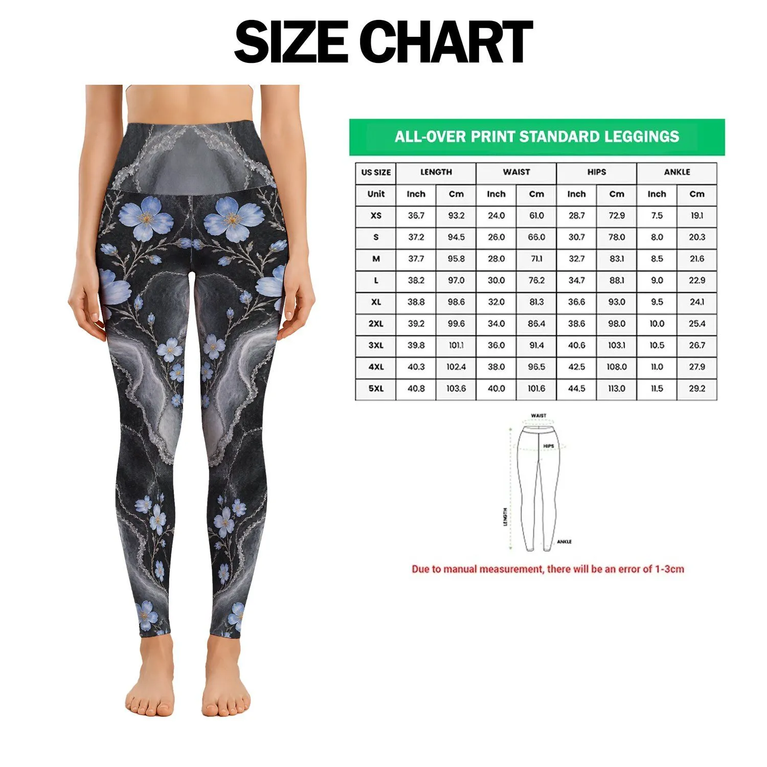 Charcoal Marble Veins with Pale Blue Blossoms for Yoga, Pilates, and Everyday Lifestyle Leggings - 1