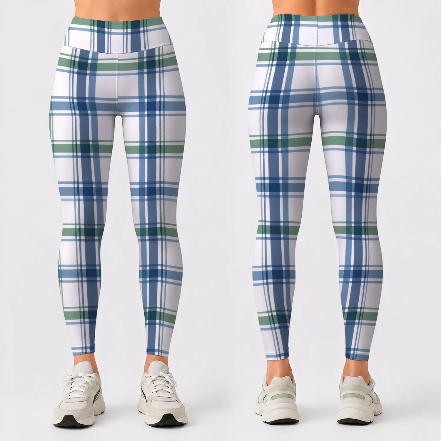 Blue Green Windowpane Checks for Yoga Pilates Commutes and Everyday Wear Leggings - 1