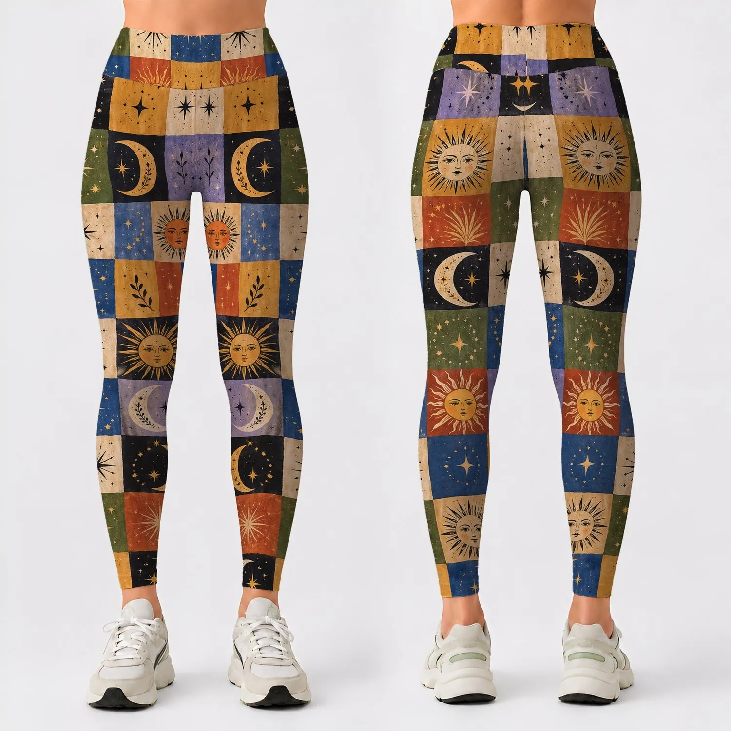 Retro Sun And Crescent Moon Checks For Yoga And Everyday Cosmic Style Leggings - 1