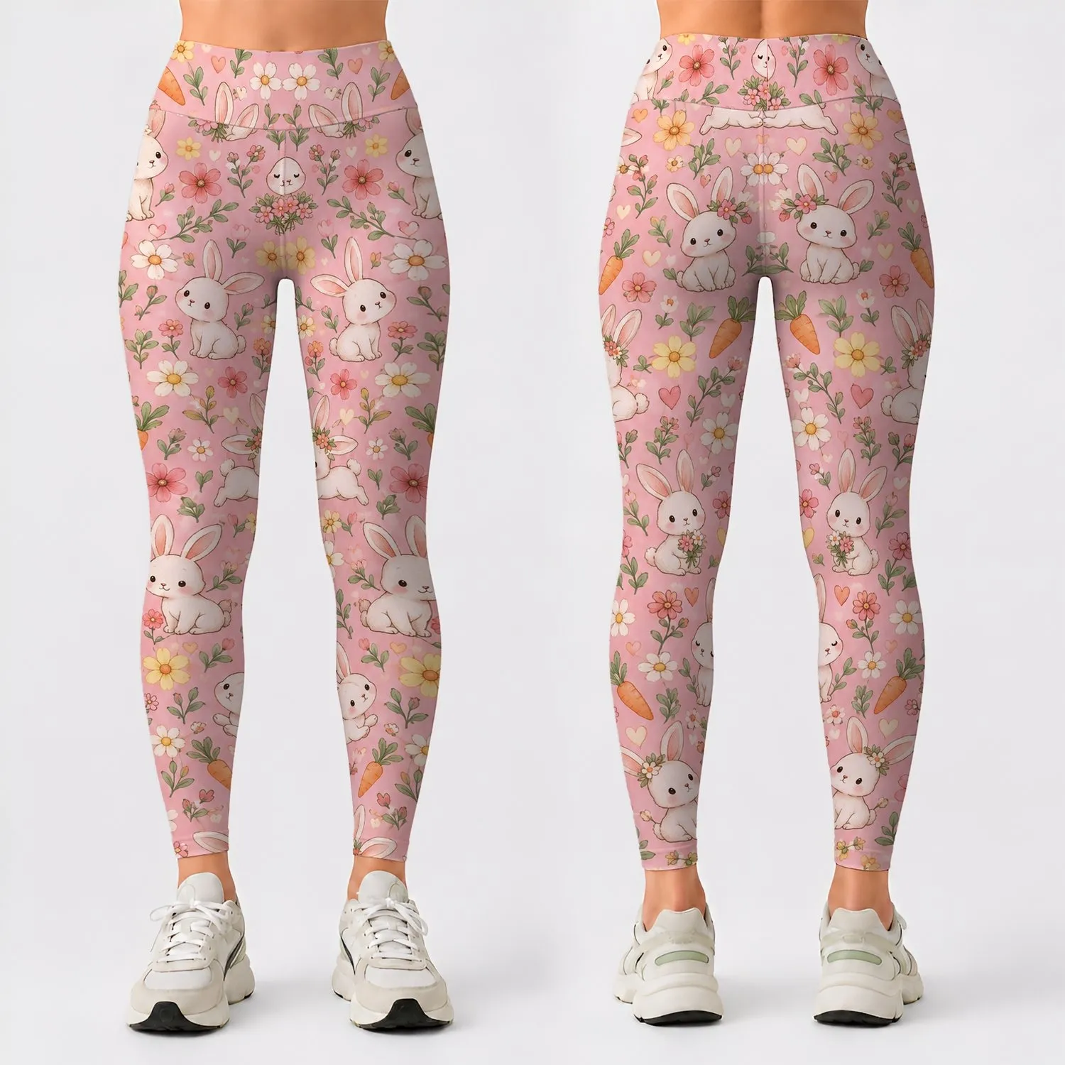 Cute Bunny Flowers And Carrots For Springtime Yoga And Everyday Casual Wear Leggings - 1