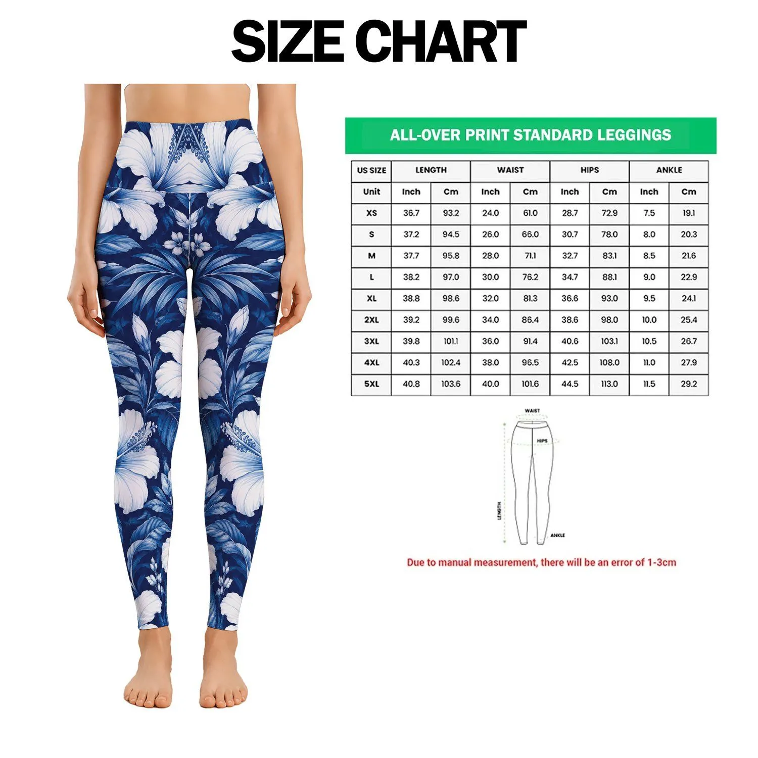 Navy Hibiscus and White Tropical Flowers for Yoga, Pilates and Coastal Everyday Style Leggings - 1